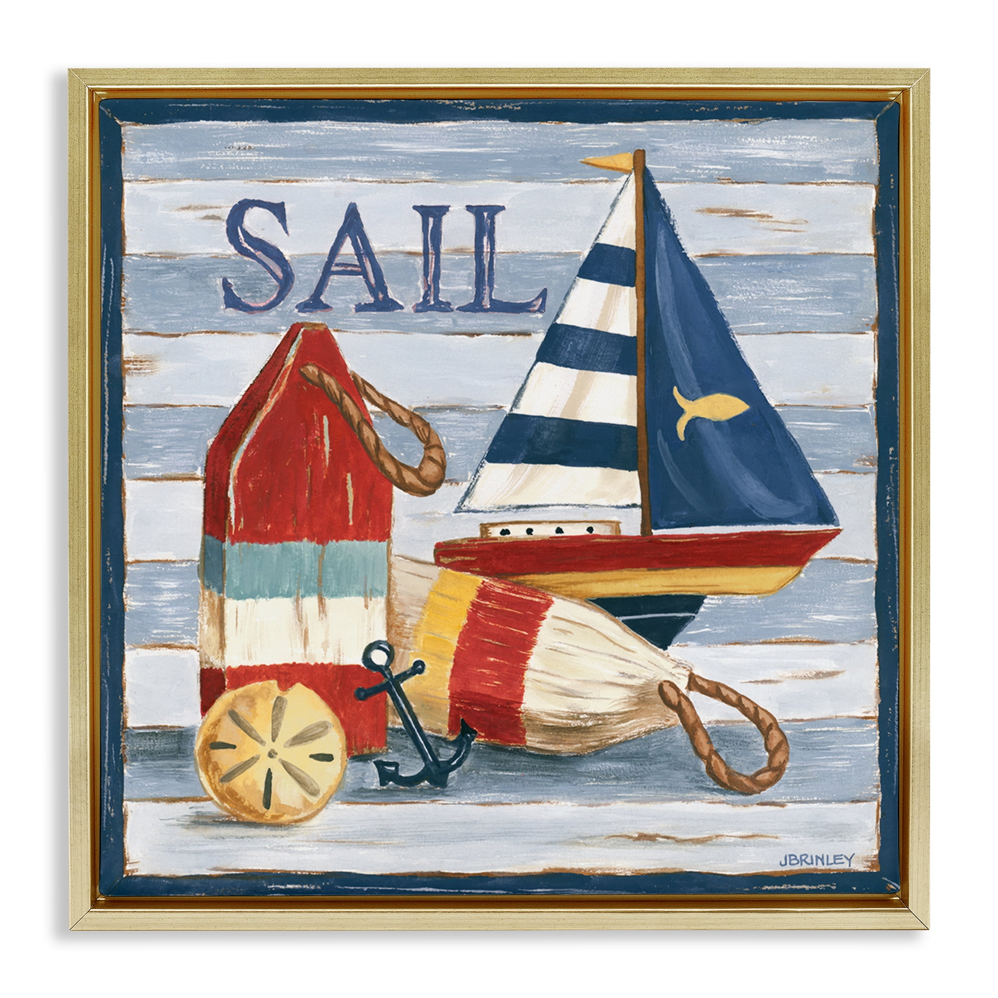 Stupell Industries Sail Boat & Buoys Nautical & Beach Painting Gold Floater Framed Canvas Art Print Wall Art, 18 x 18