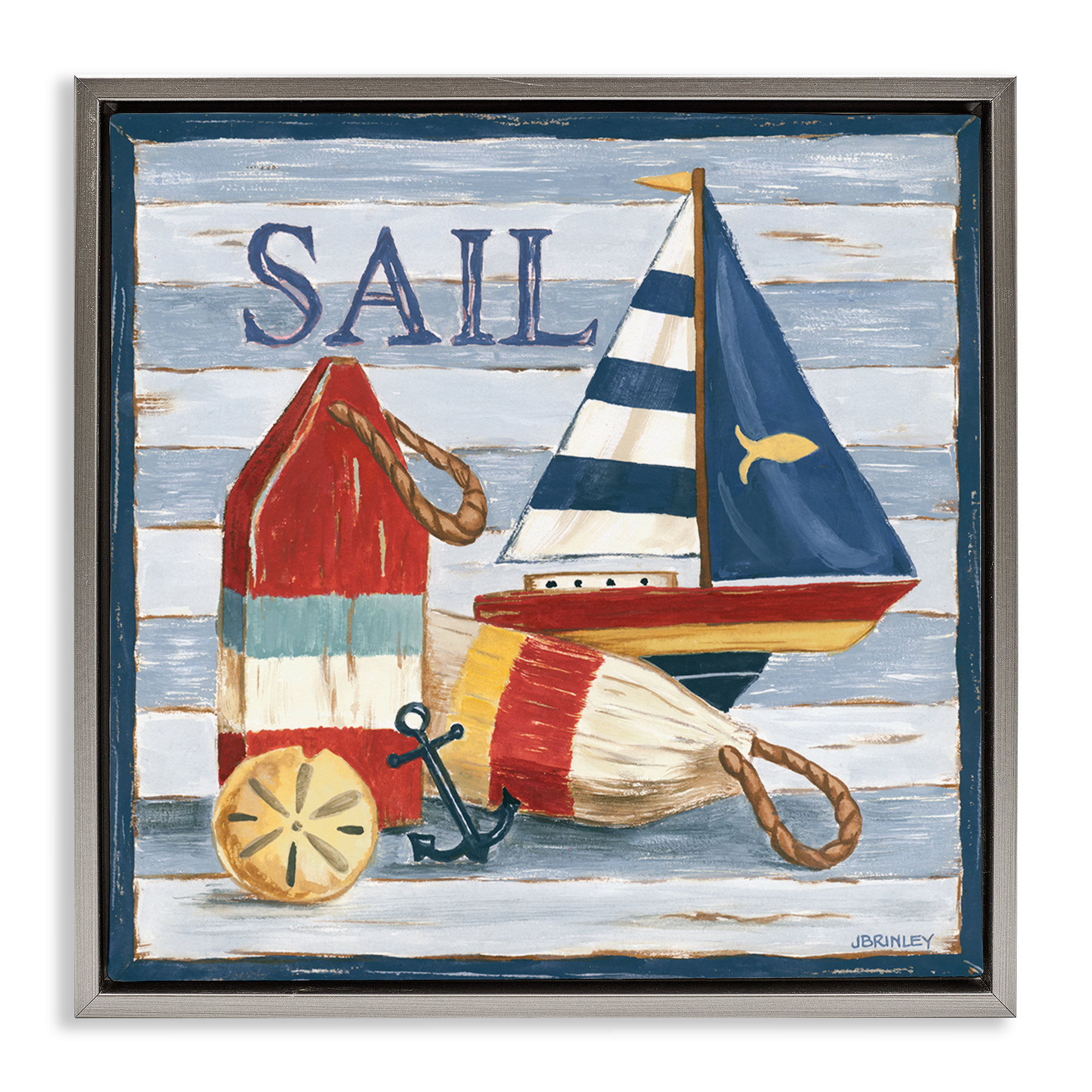 Stupell Industries Sail Boat & Buoys Nautical & Beach Painting Gray Floater Framed Canvas Art Print Wall Art, 25 x 25