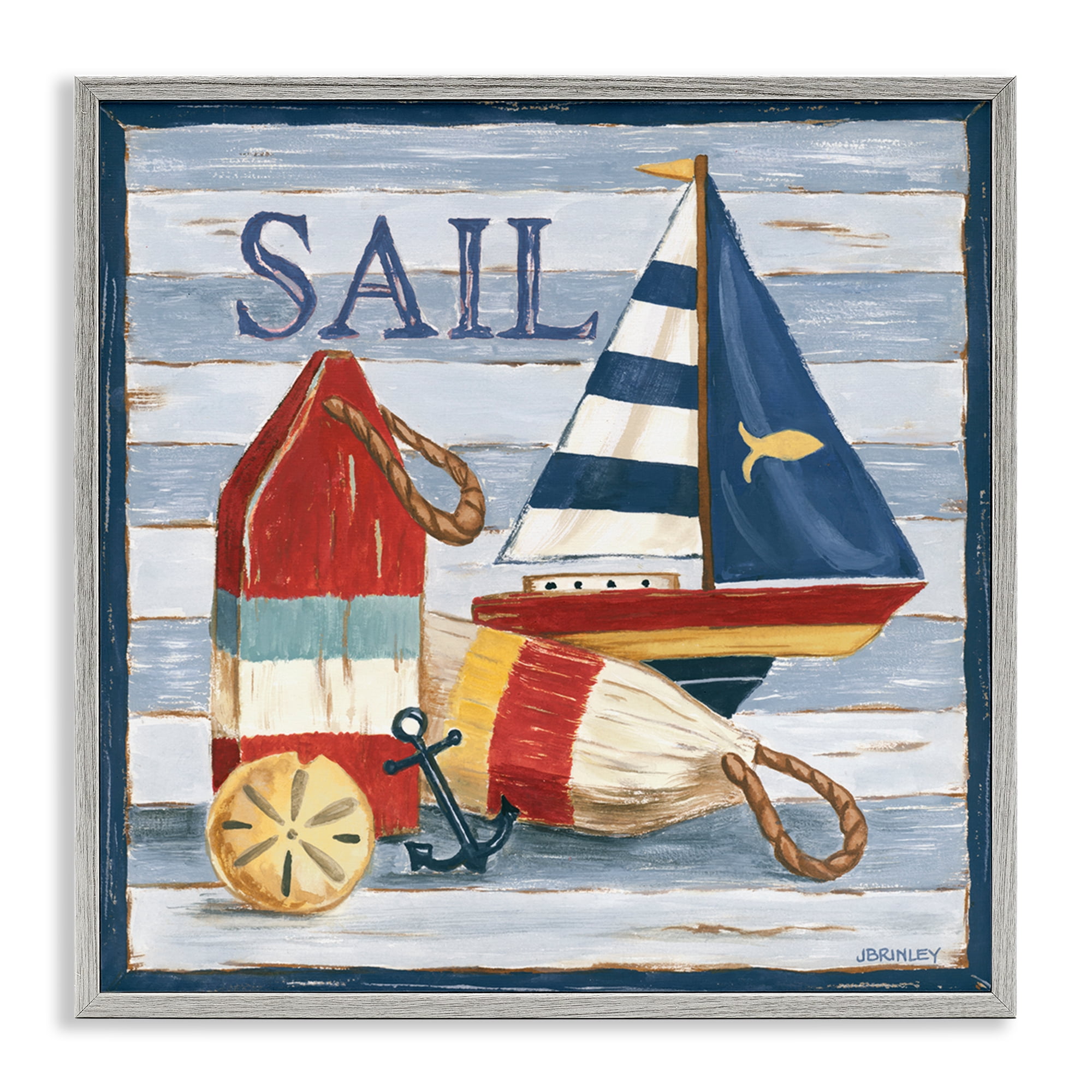 Stupell Industries Sail Boat & Buoys Nautical & Beach Painting Gray Framed Art Print Wall Art, 17 x 17