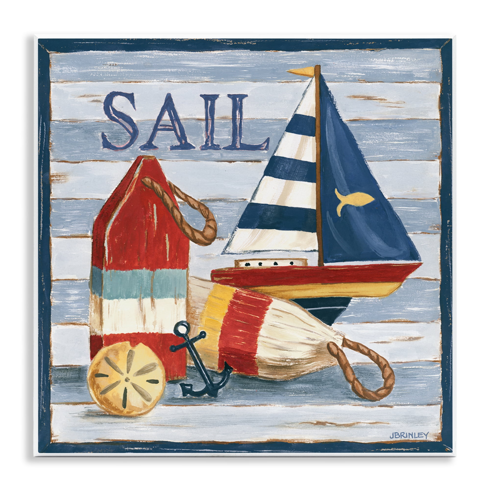 Stupell Industries Sail Boat & Buoys Nautical & Beach Painting Unframed Art Print Wall Art, 12 x 12