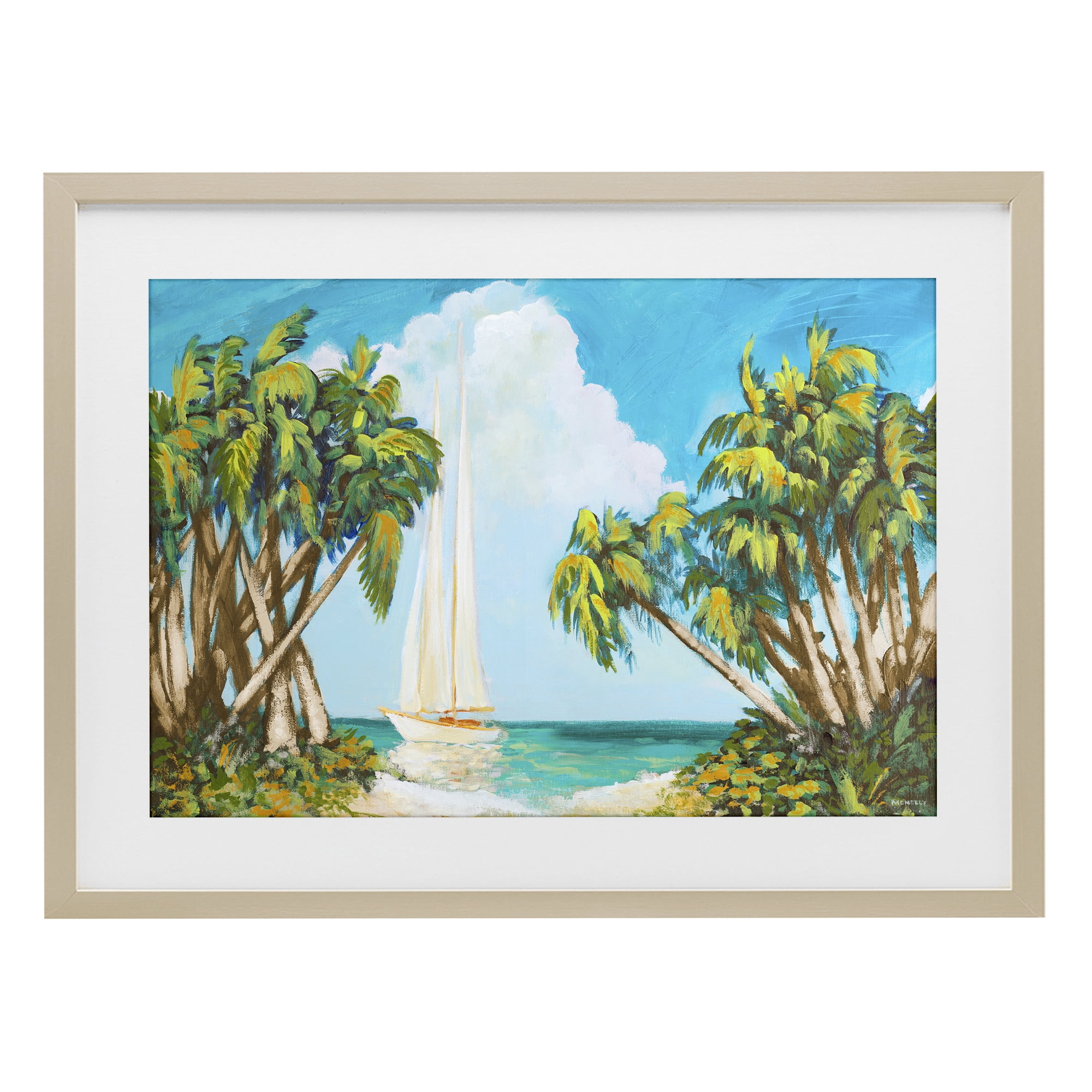 Stupell Industries Sailboat Among Palms Birch Framed Print Under Glass, design by Dan Meneely