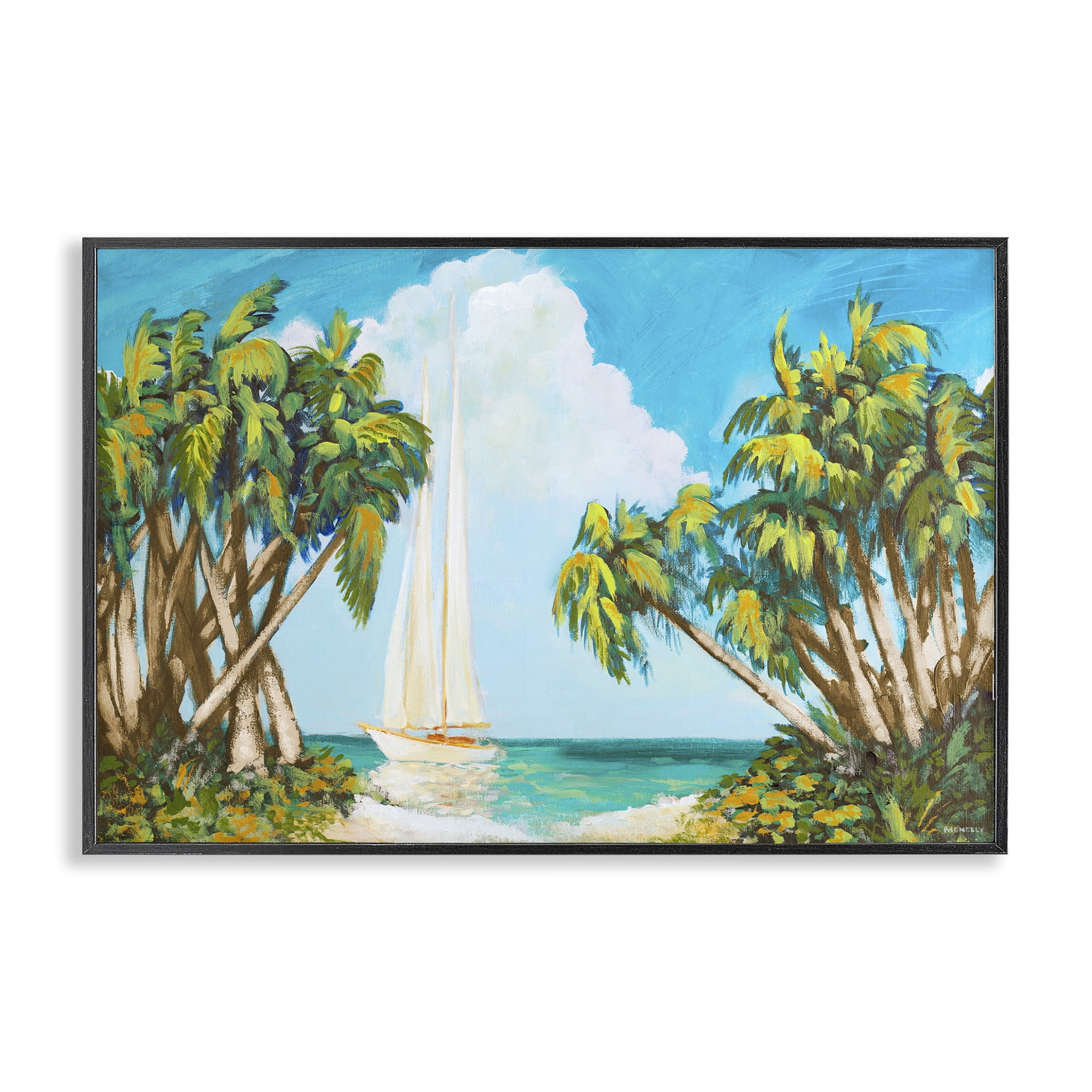 Stupell Industries Sailboat Among Palms Black Framed Giclee Art, design by Dan Meneely