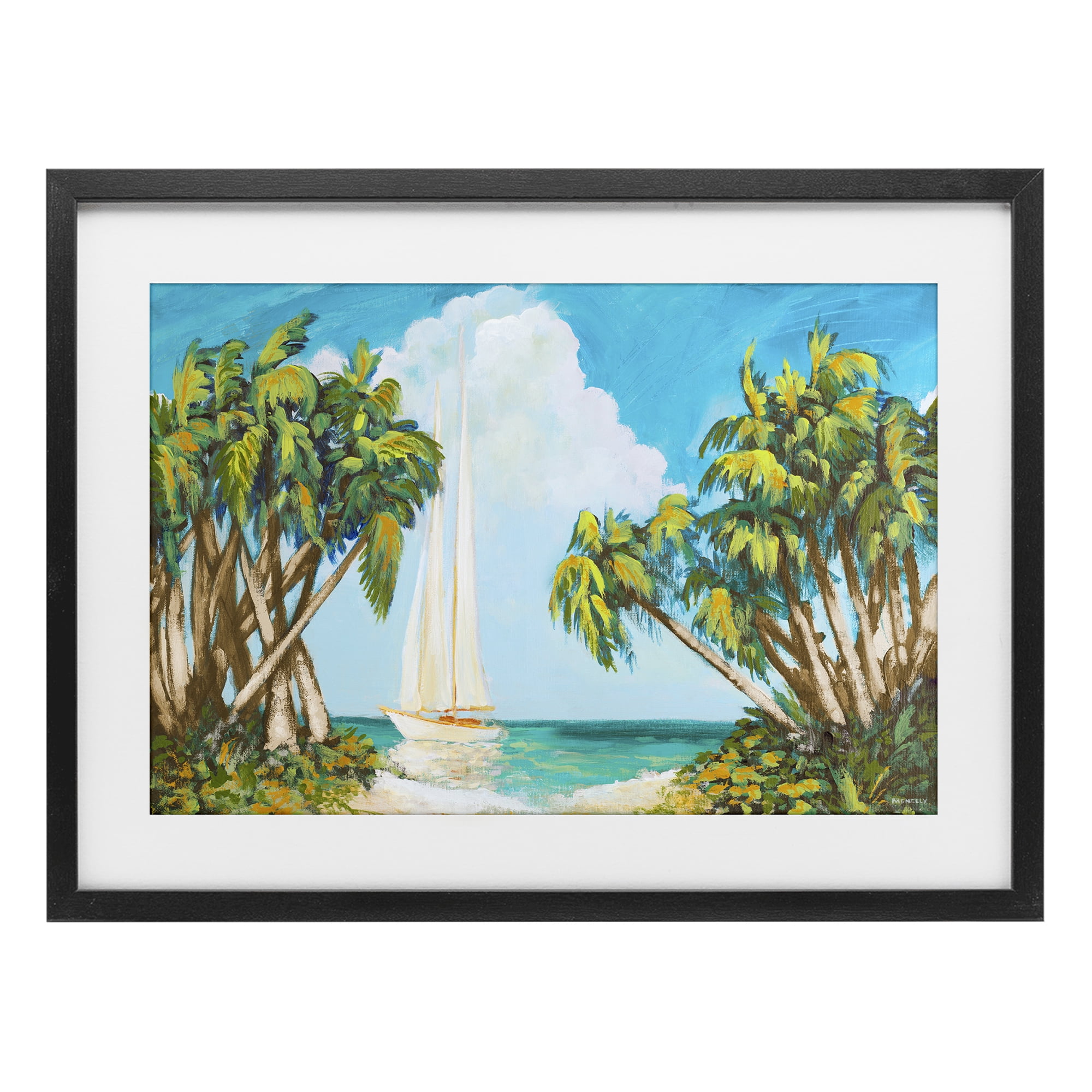 Stupell Industries Sailboat Among Palms Black Framed Print Under Glass, design by Dan Meneely