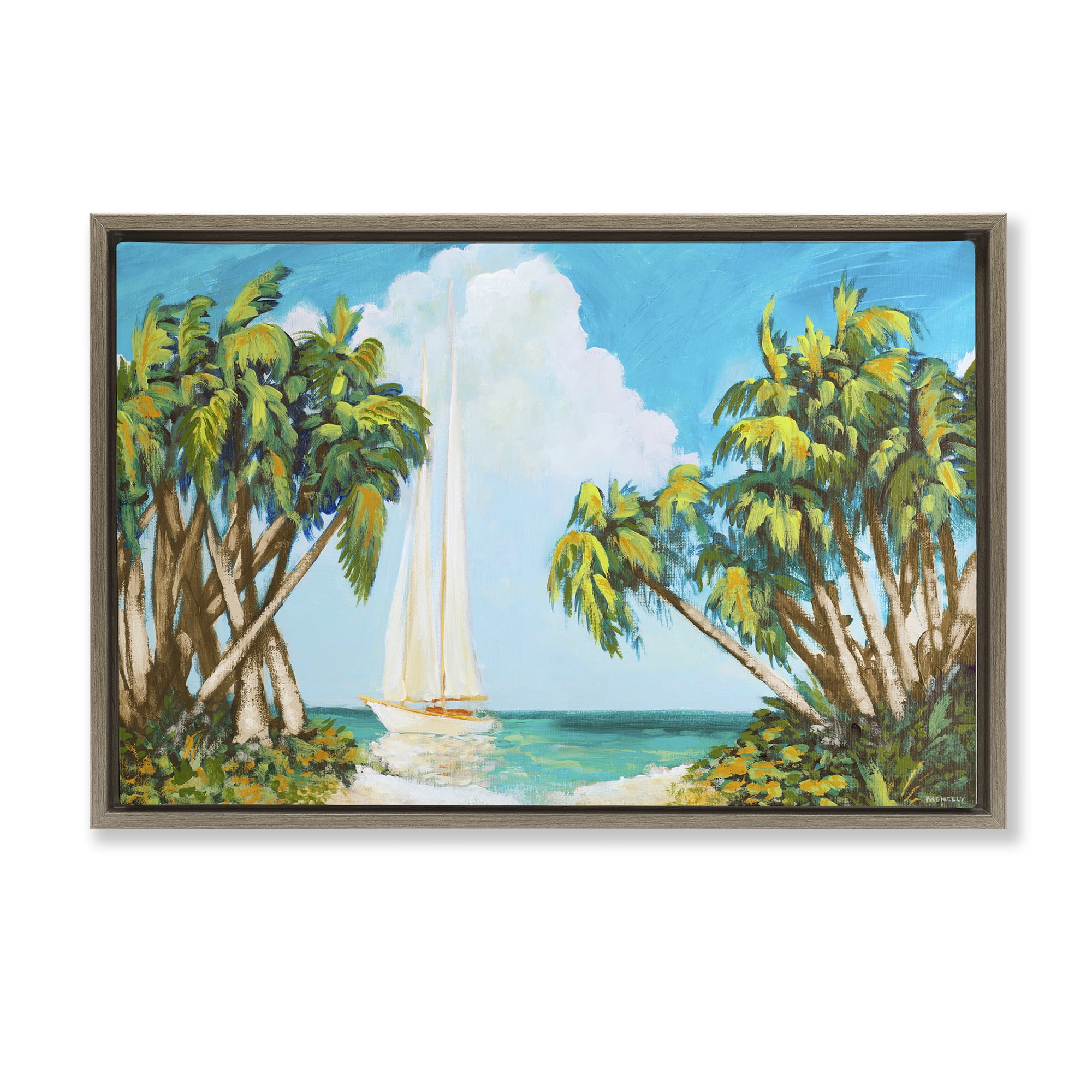 Stupell Industries Sailboat Among Palms Brown Framed Floater Canvas Wall Art, design by Dan Meneely