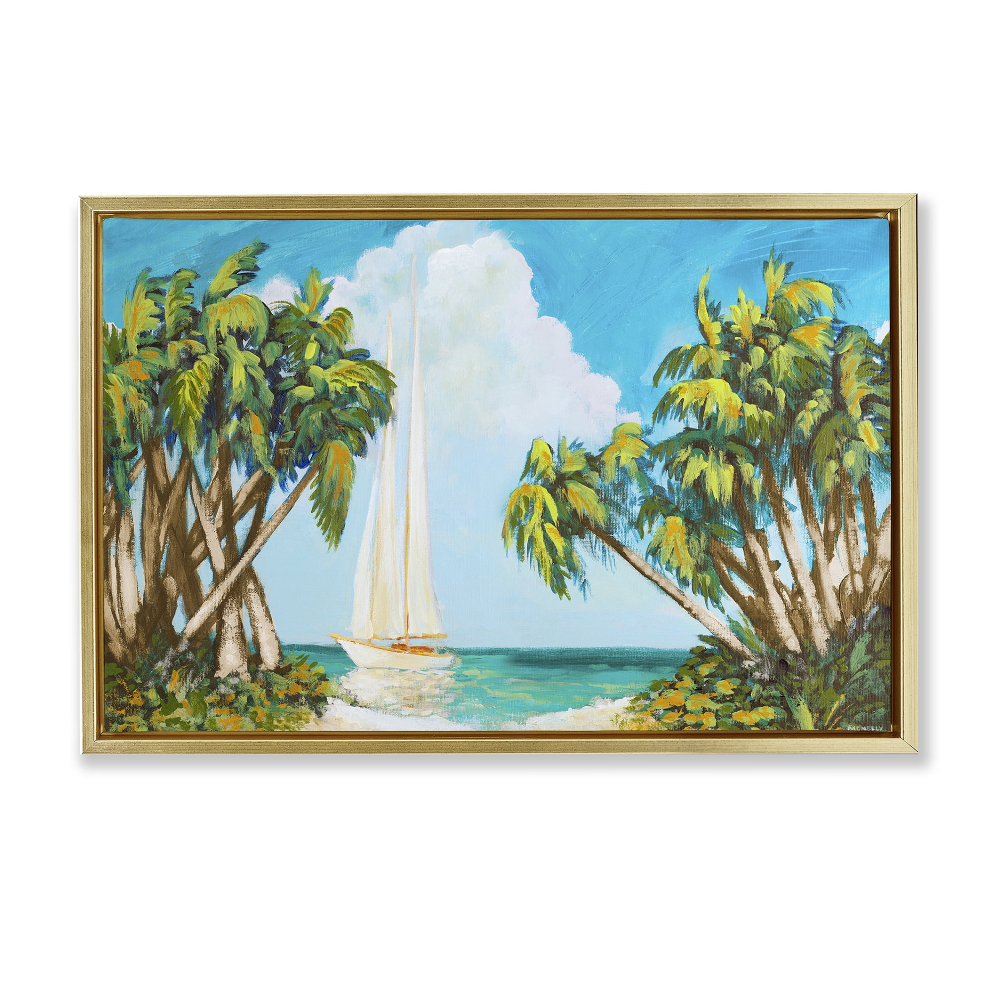 Stupell Industries Sailboat Among Palms Gold Framed Floater Canvas Wall Art, design by Dan Meneely
