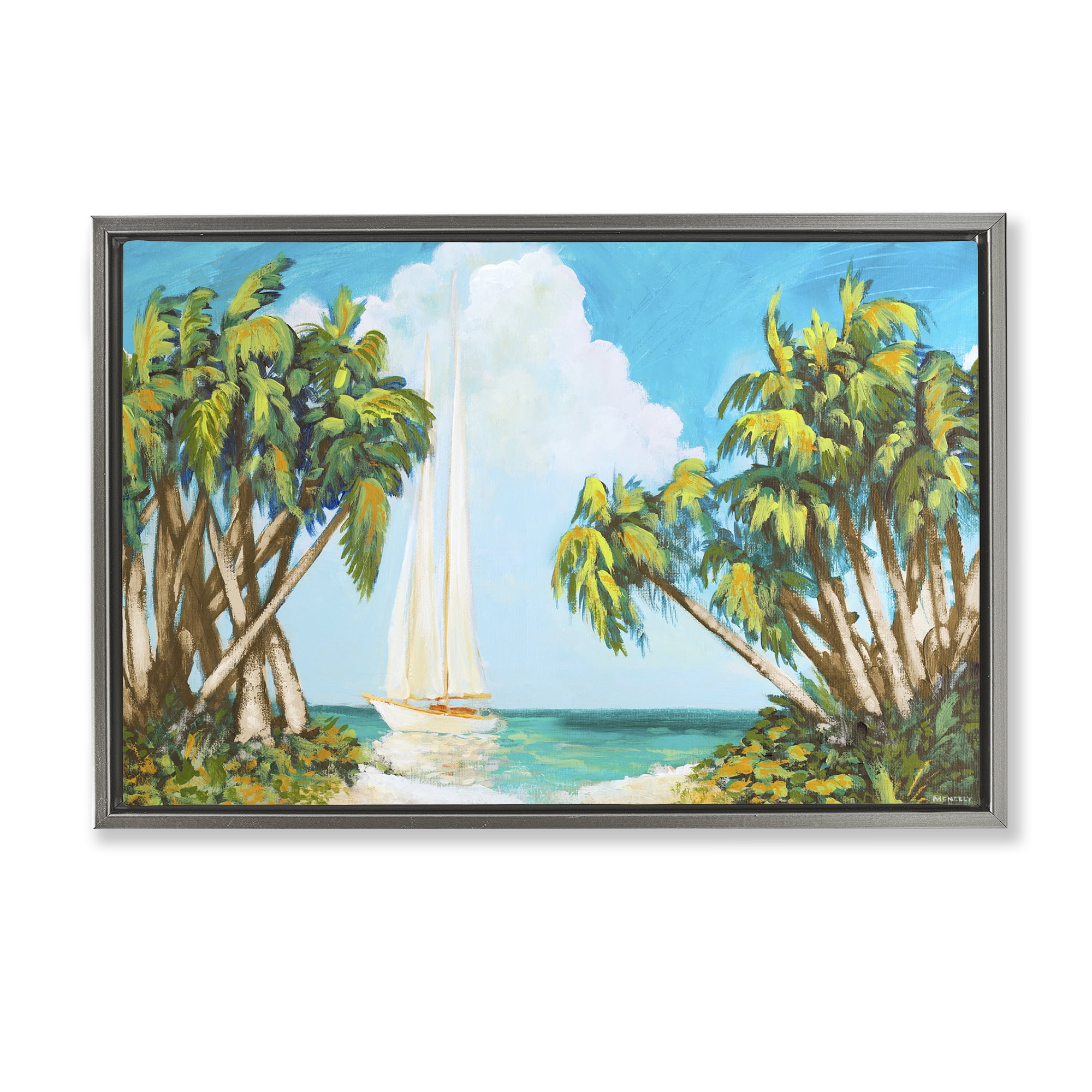 Stupell Industries Sailboat Among Palms Gray Framed Floater Canvas Wall Art, design by Dan Meneely