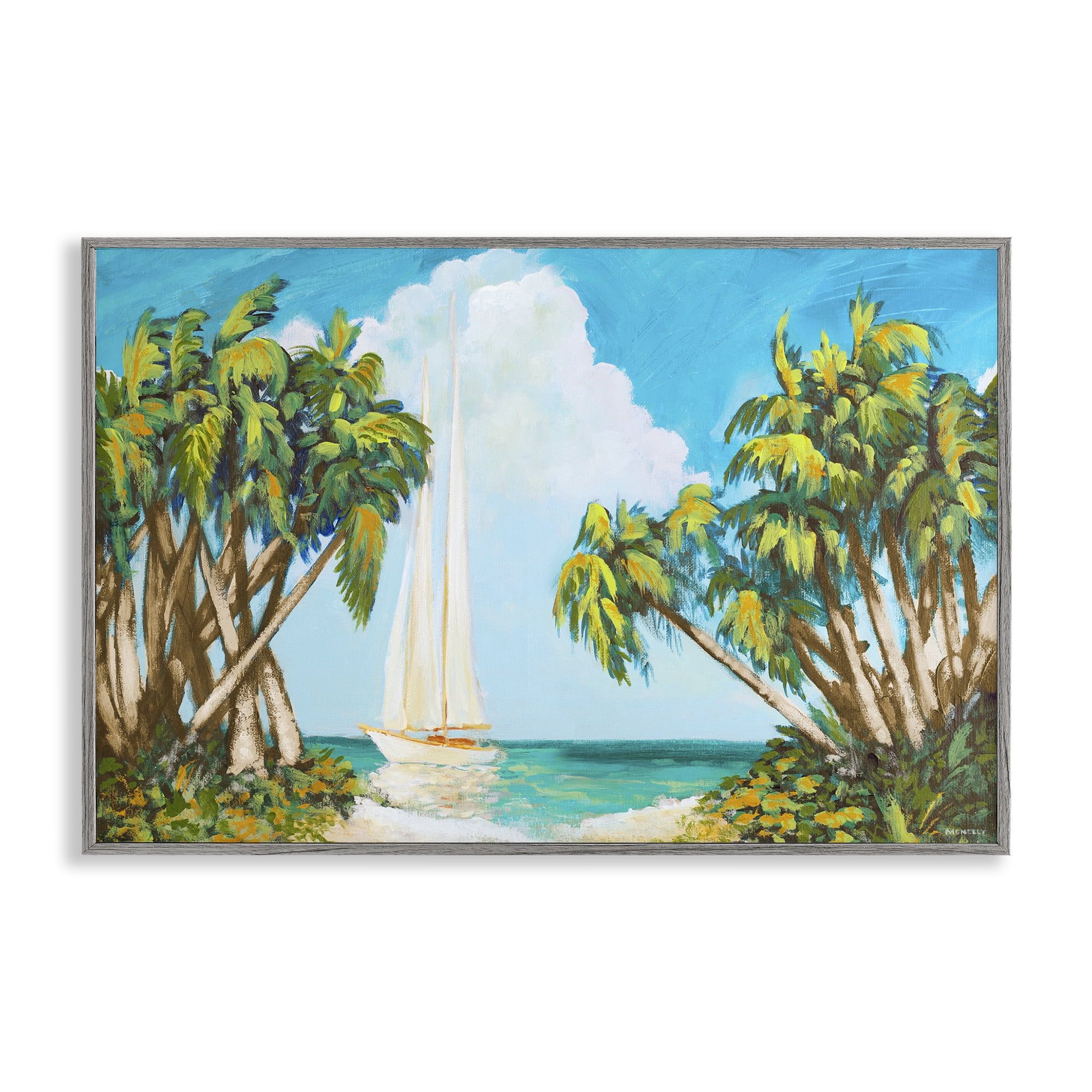 Stupell Industries Sailboat Among Palms Gray Framed Giclee Art, design by Dan Meneely