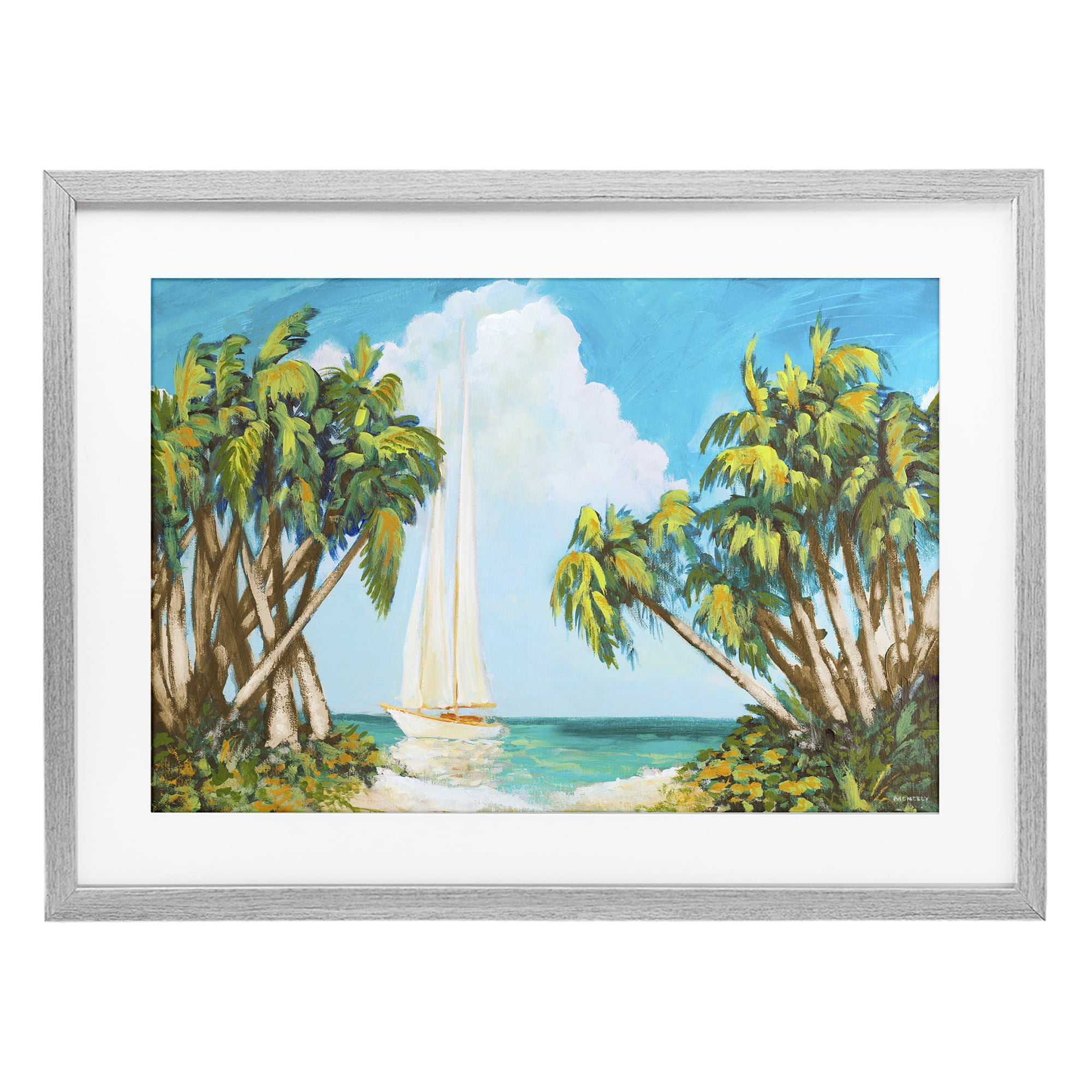 Stupell Industries Sailboat Among Palms Gray Framed Print Under Glass, design by Dan Meneely