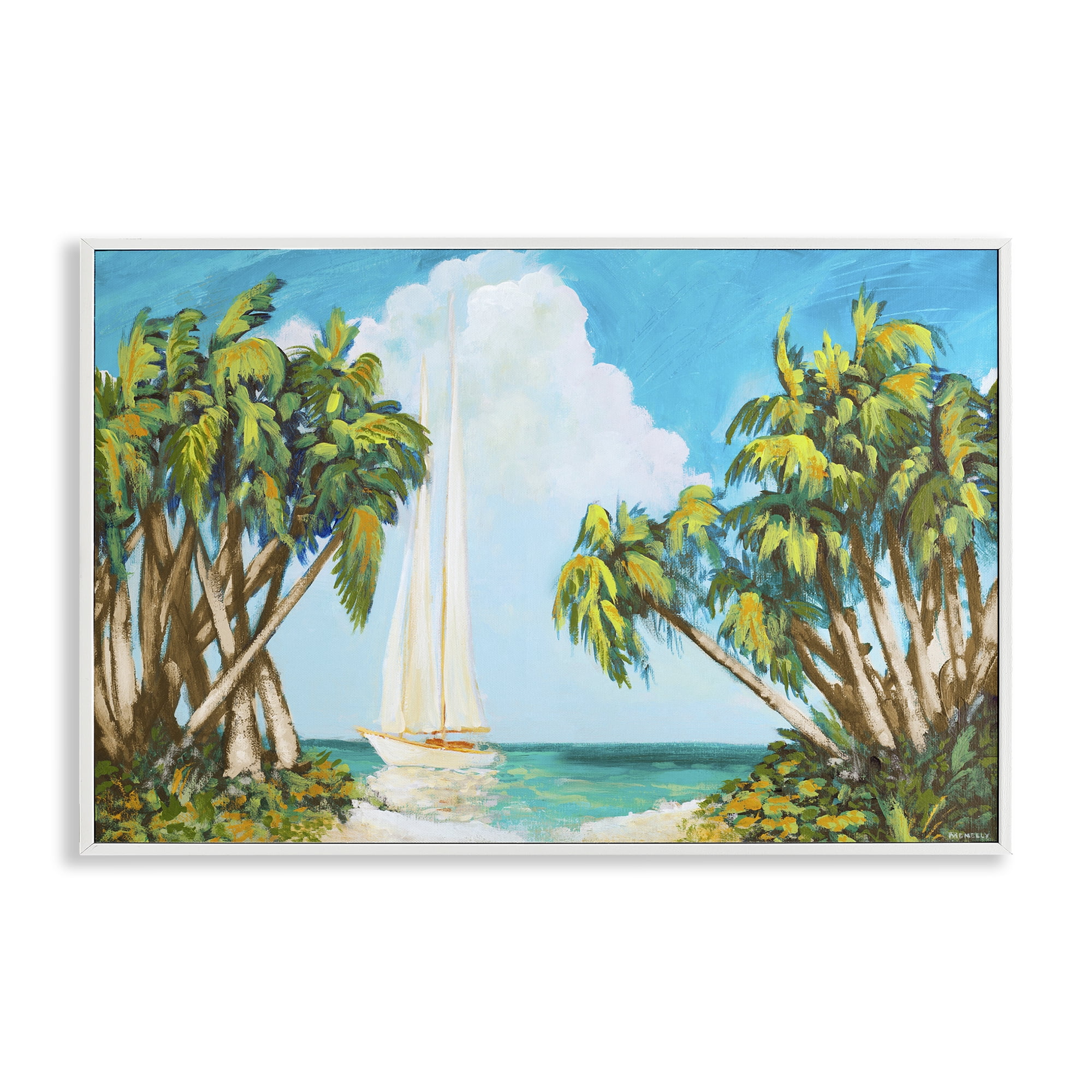 Stupell Industries Sailboat Among Palms White Framed Giclee Art, design by Dan Meneely