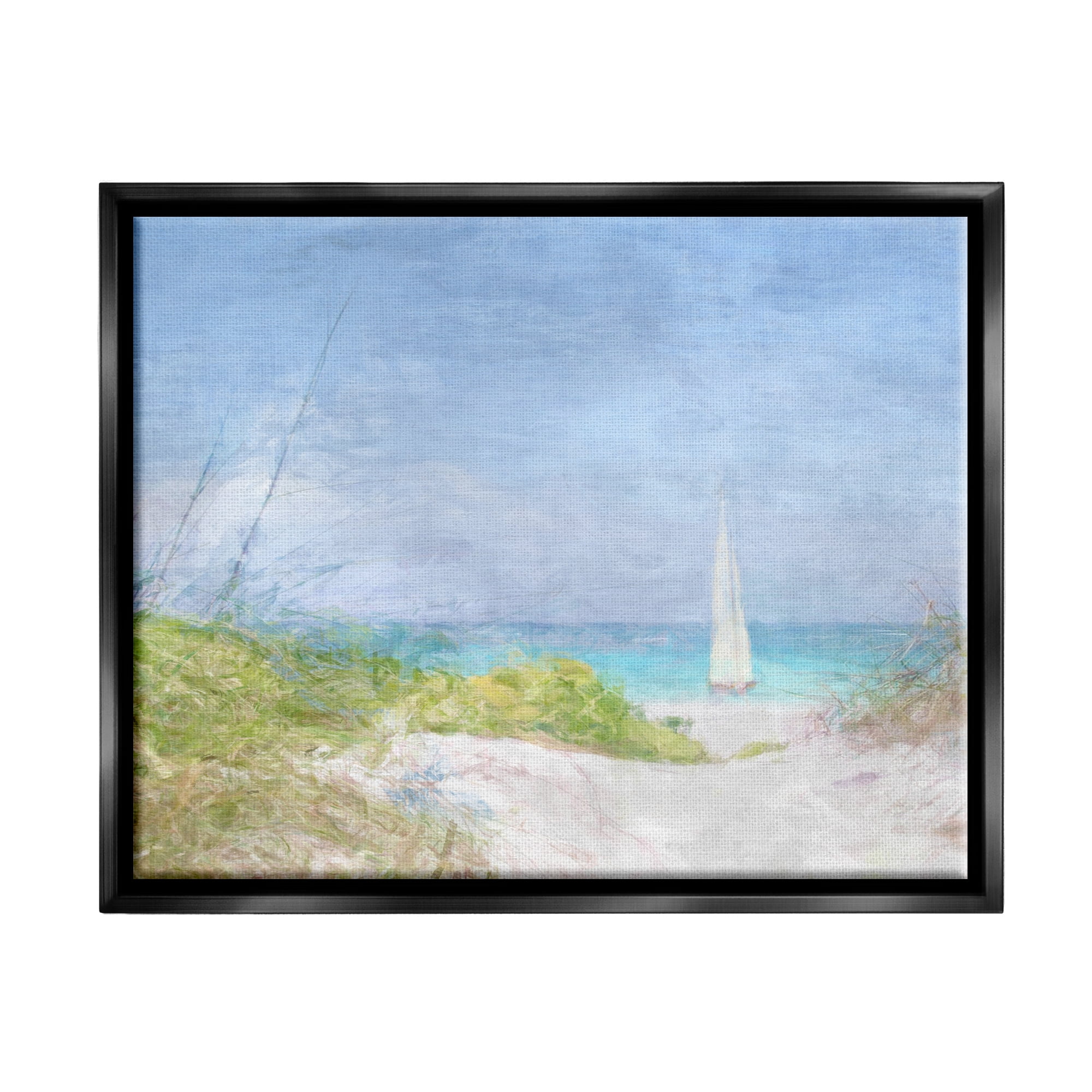 Stupell Industries Sailboat & Beach Path Transportation Painting Black Floater Framed Canvas Art Print Wall Art, 31 x 25