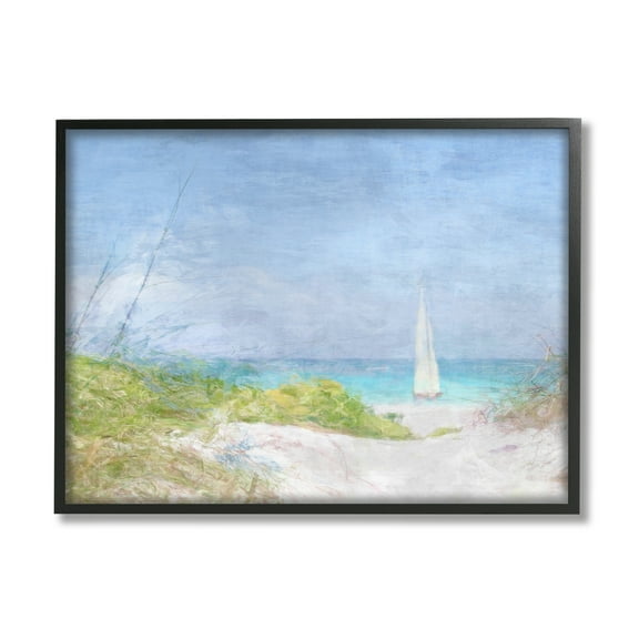 Stupell Industries Sailboat & Beach Path Transportation Painting Black Framed Art Print Wall Art, 14 x 11