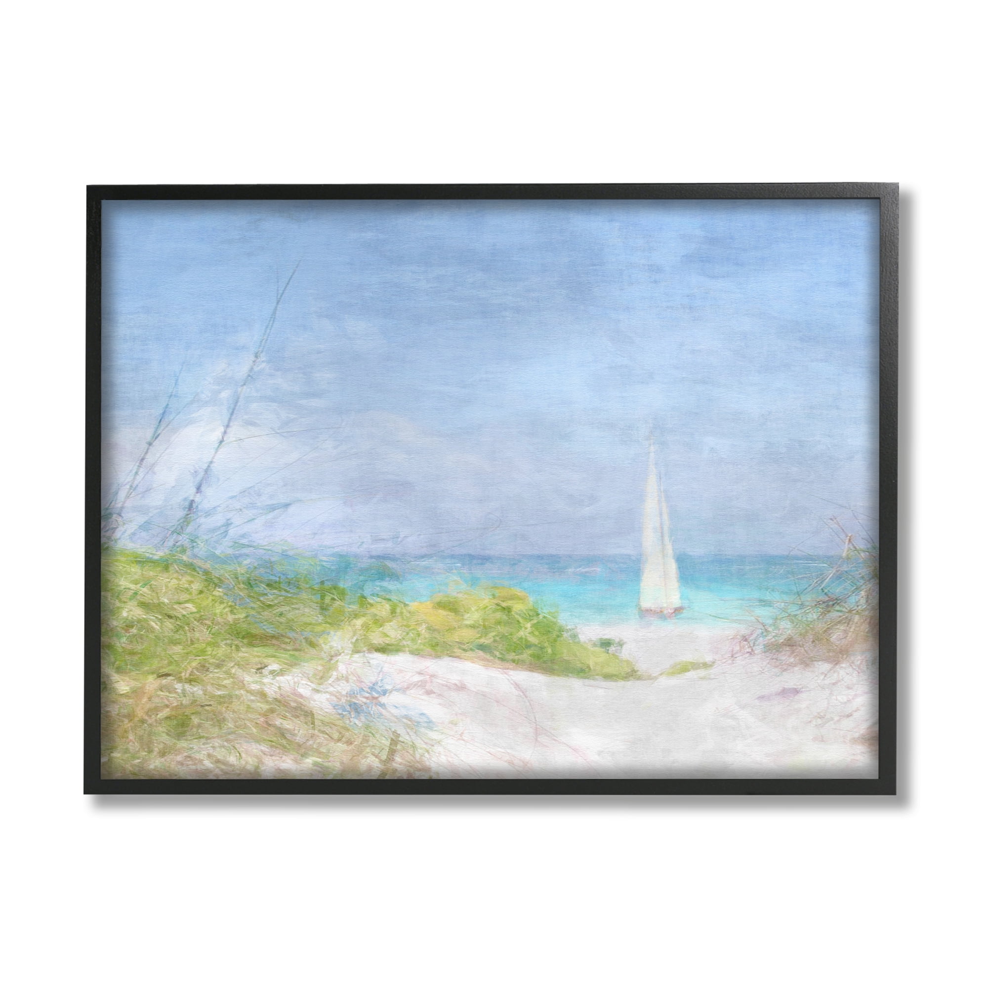 Stupell Industries Sailboat & Beach Path Transportation Painting Black Framed Art Print Wall Art, 30 x 24