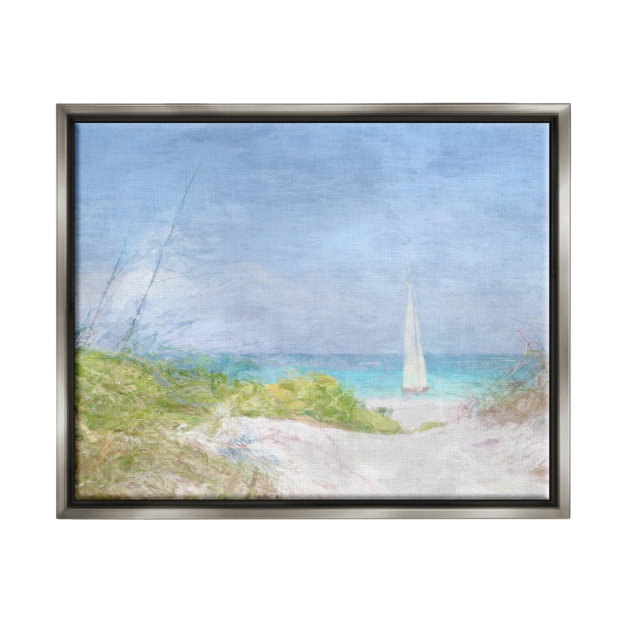 Stupell Industries Sailboat & Beach Path Transportation Painting Gray Floater Framed Canvas Art Print Wall Art, 31 x 25
