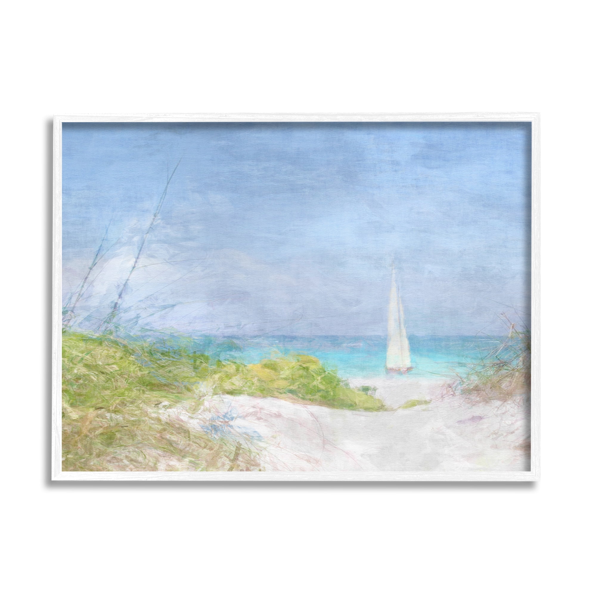 Stupell Industries Sailboat & Beach Path Transportation Painting White Framed Art Print Wall Art, 14 x 11