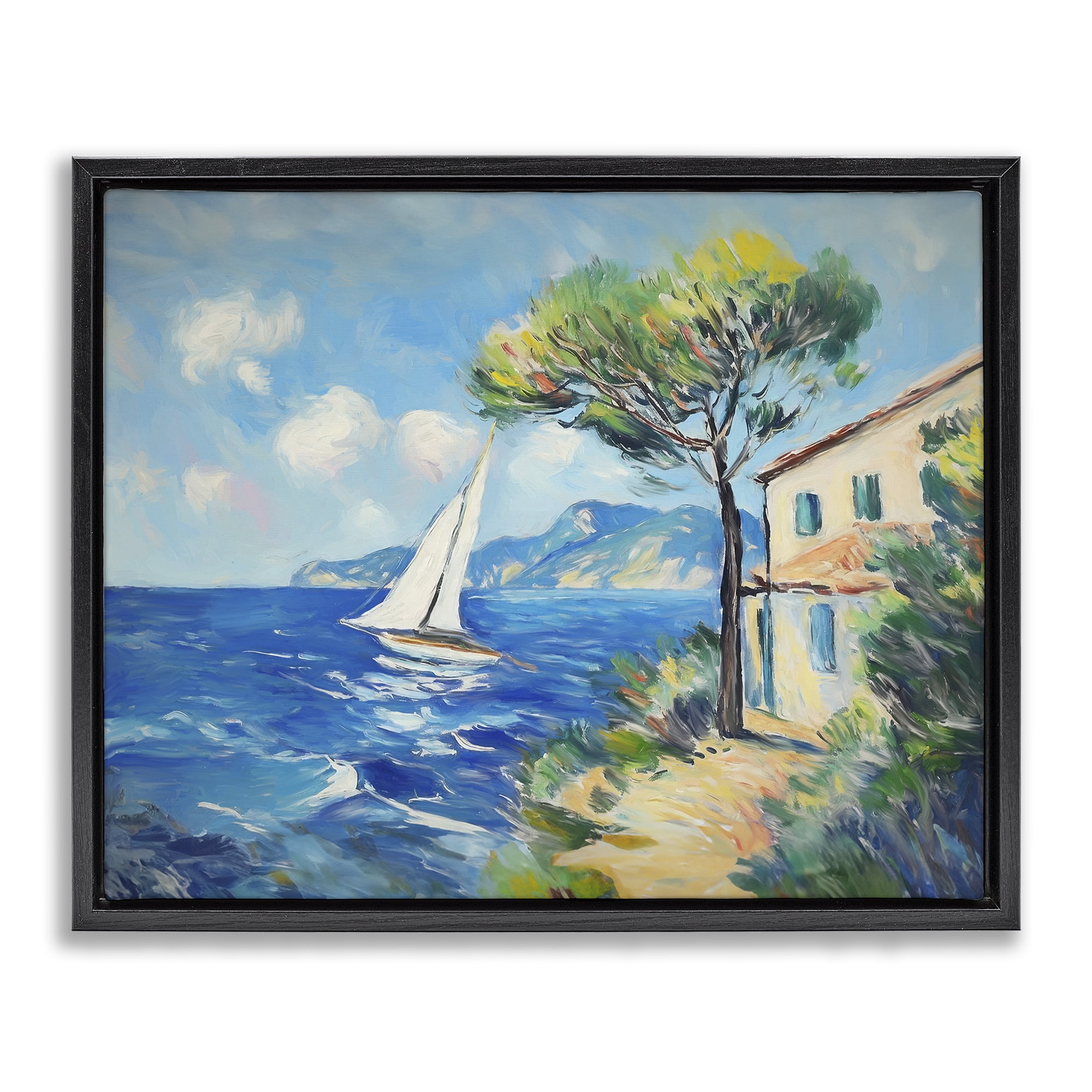Stupell Industries Sailboat & Beach Villa Coastal Painting Black Floater Framed Canvas Art Print Wall Art, 21 x 17
