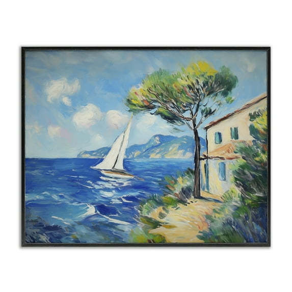 Stupell Industries Sailboat & Beach Villa Coastal Painting Black Framed Art Print Wall Art, 30 x 24