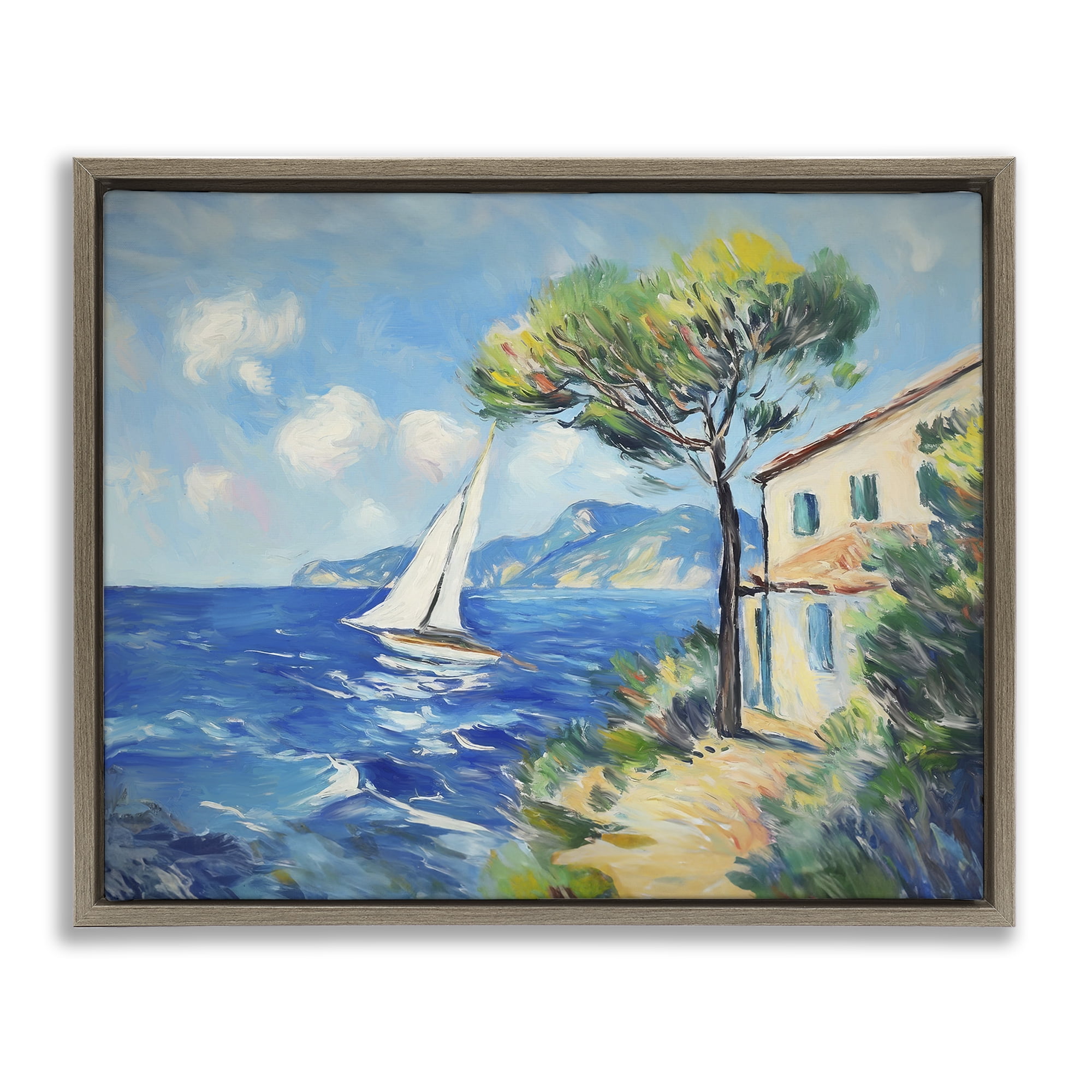 Stupell Industries Sailboat & Beach Villa Coastal Painting Brown Floater Framed Canvas Art Print Wall Art, 21 x 17