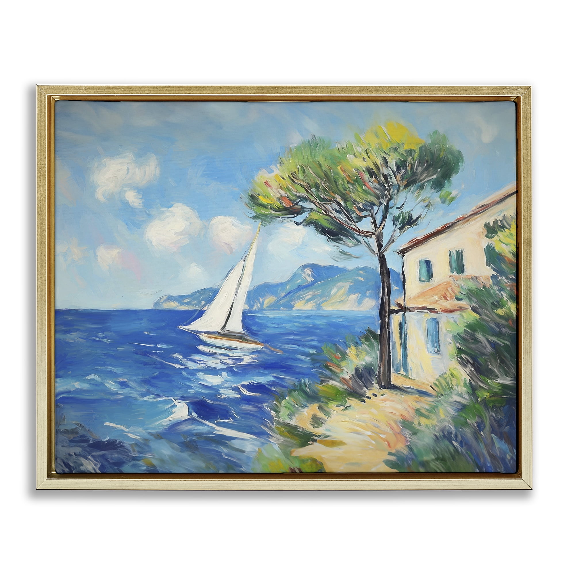 Stupell Industries Sailboat & Beach Villa Coastal Painting Gold Floater Framed Canvas Art Print Wall Art, 31 x 25