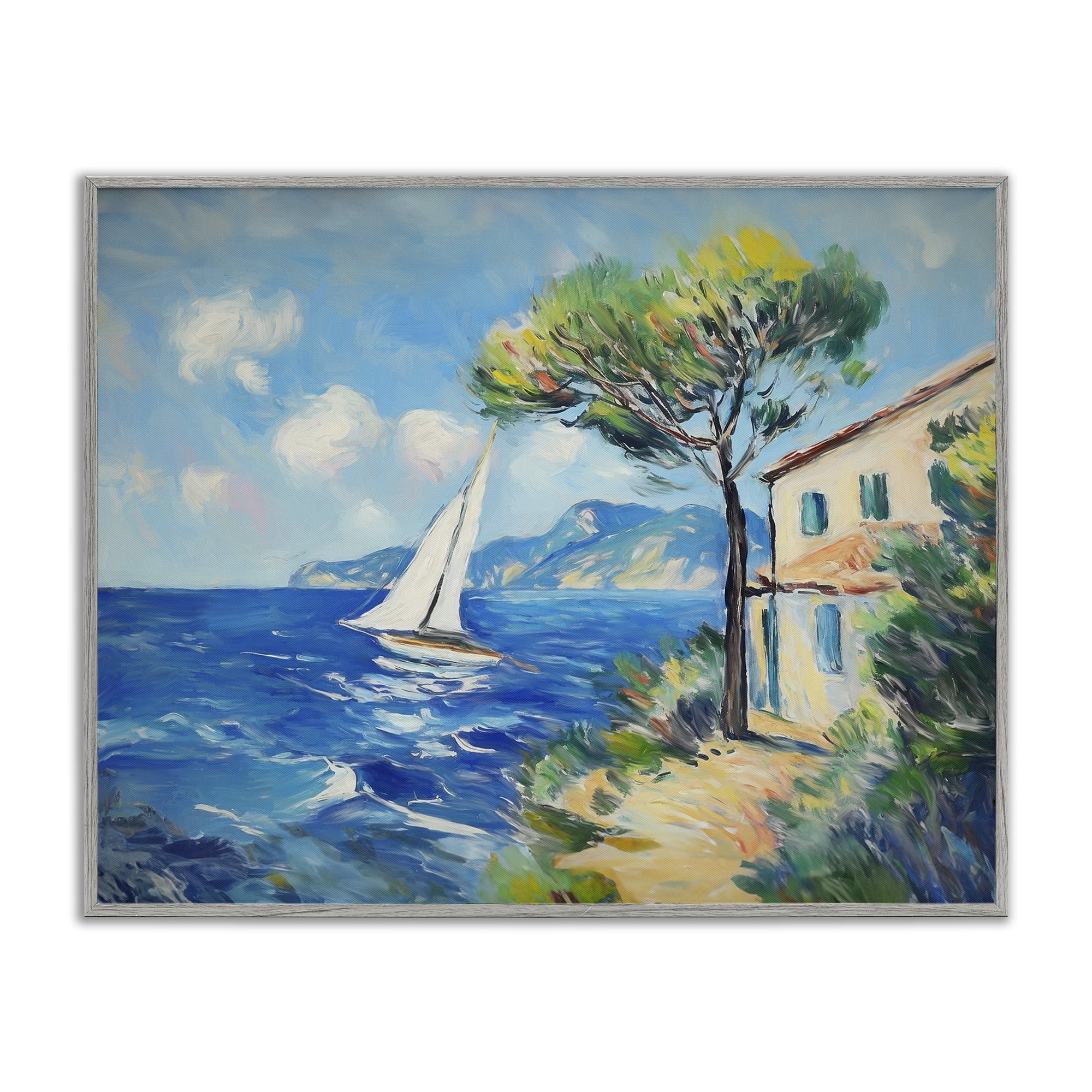 Stupell Industries Sailboat & Beach Villa Coastal Painting Gray Framed Art Print Wall Art, 20 x 16