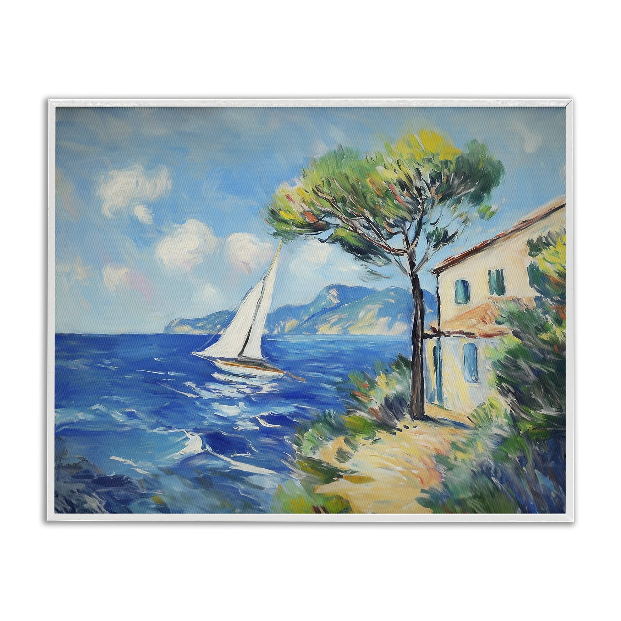 Stupell Industries Sailboat & Beach Villa Coastal Painting White Framed Art Print Wall Art, 30 x 24