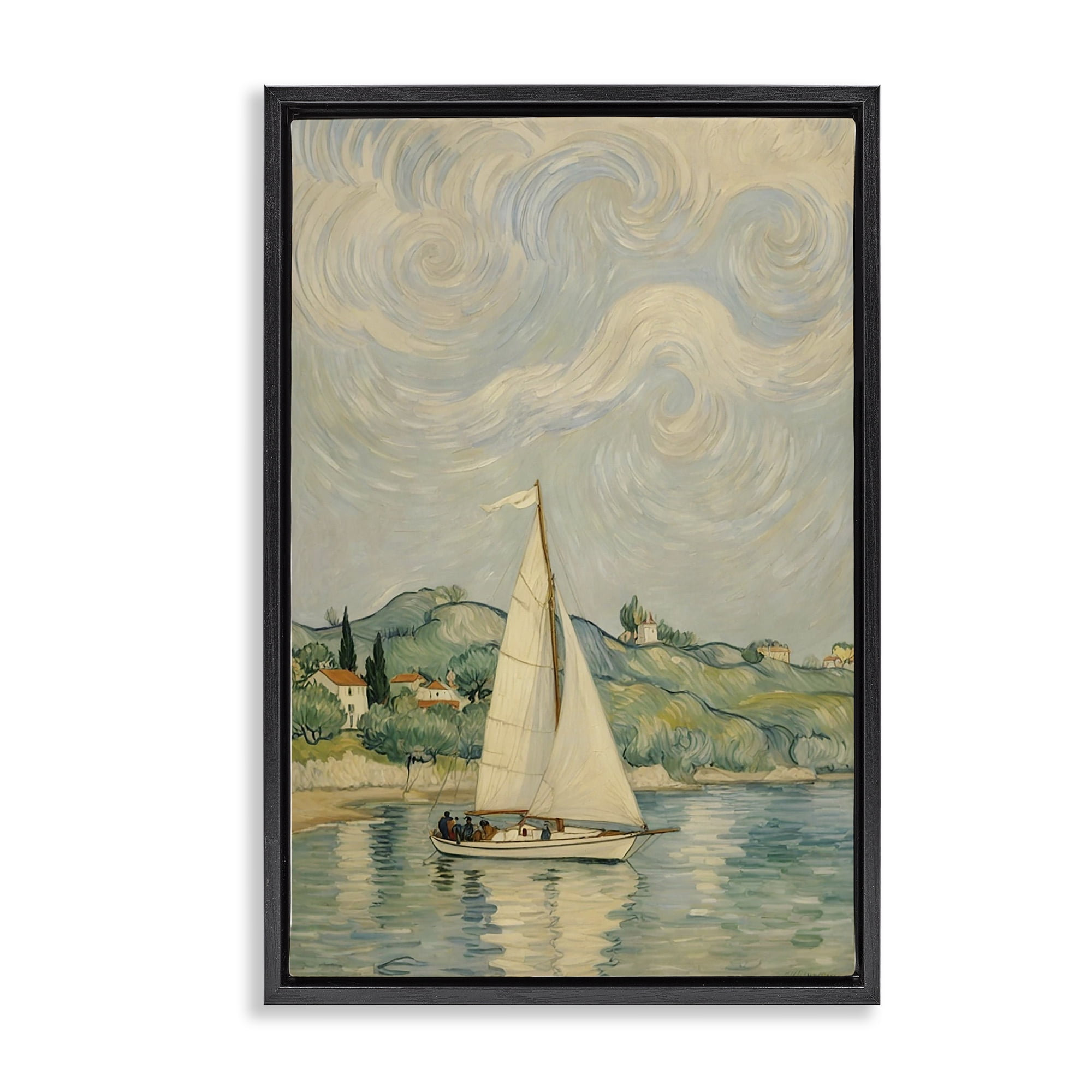 Stupell Industries Sailboat Beneath Swirling Clouds Black Framed Floater Canvas Wall Art, design by Angie Hawke