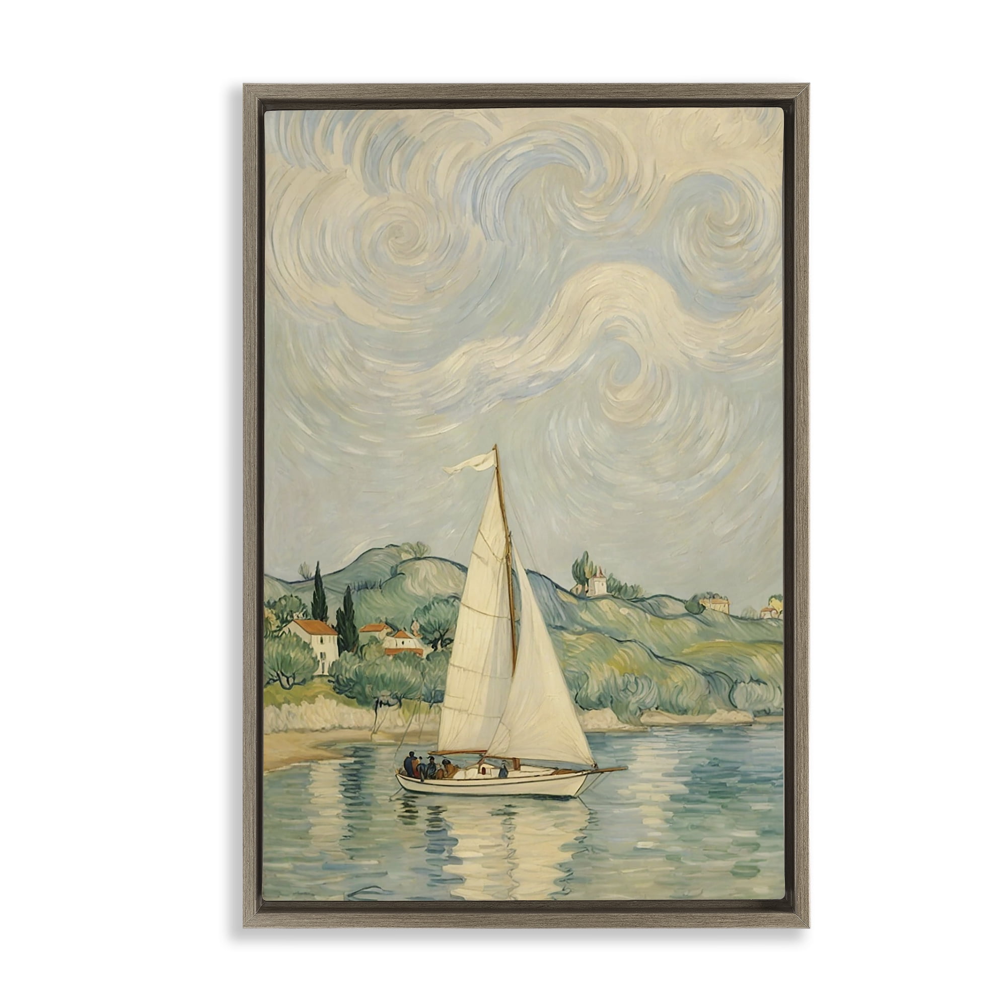 Stupell Industries Sailboat Beneath Swirling Clouds Brown Framed Floater Canvas Wall Art, design by Angie Hawke