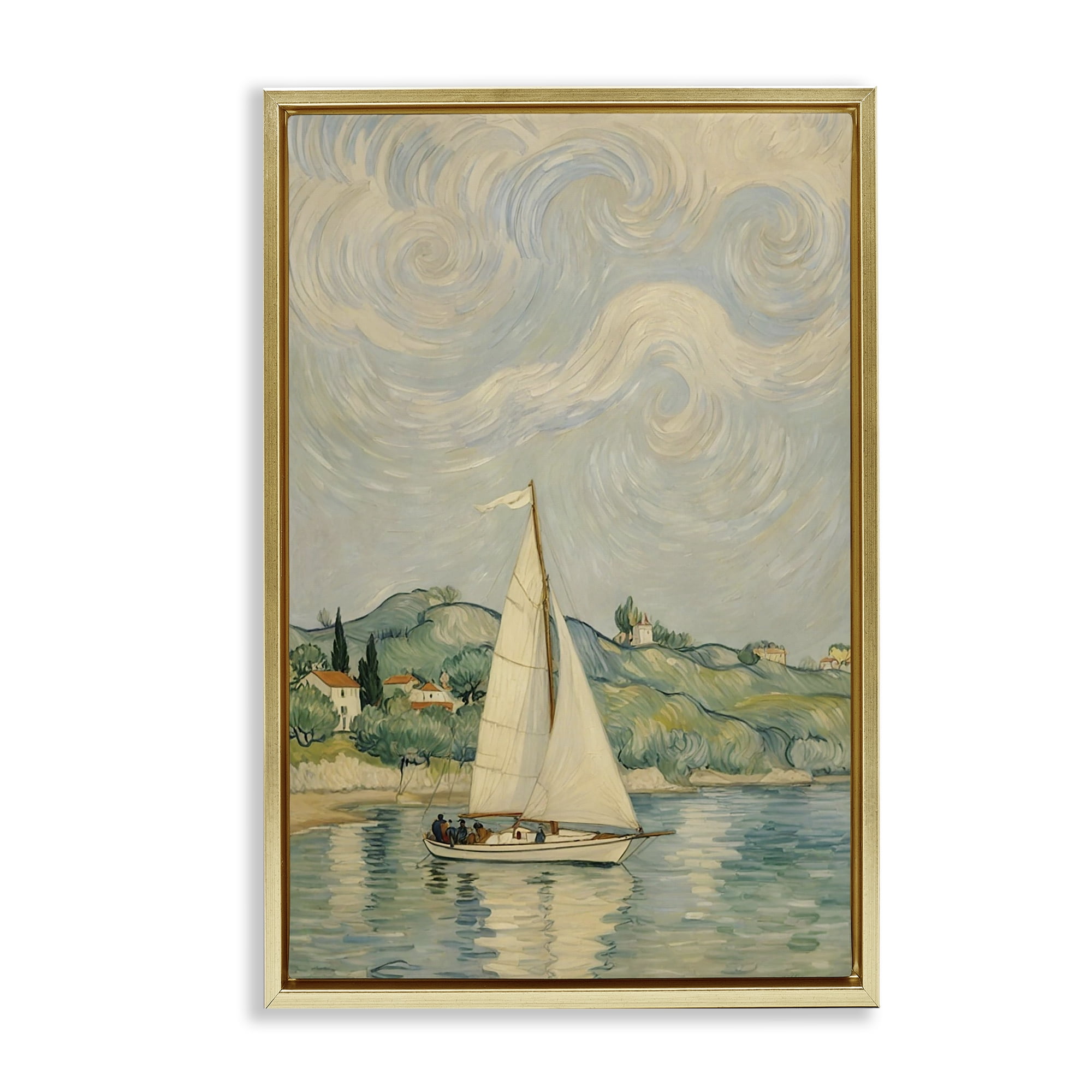 Stupell Industries Sailboat Beneath Swirling Clouds Gold Framed Floater Canvas Wall Art, design by Angie Hawke