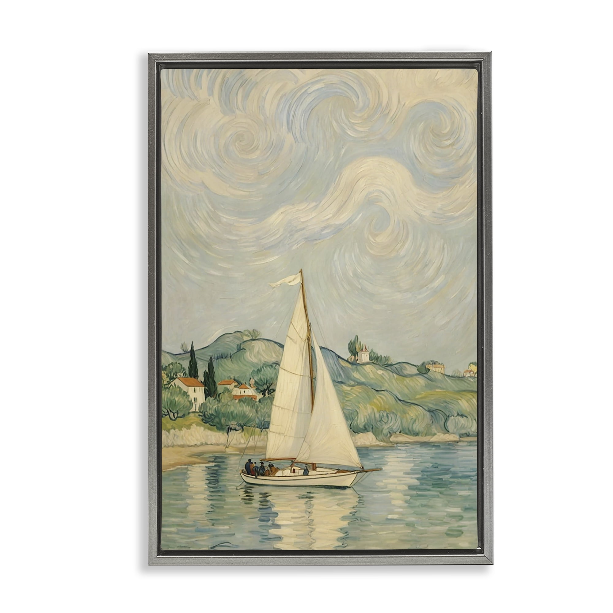 Stupell Industries Sailboat Beneath Swirling Clouds Gray Framed Floater Canvas Wall Art, design by Angie Hawke