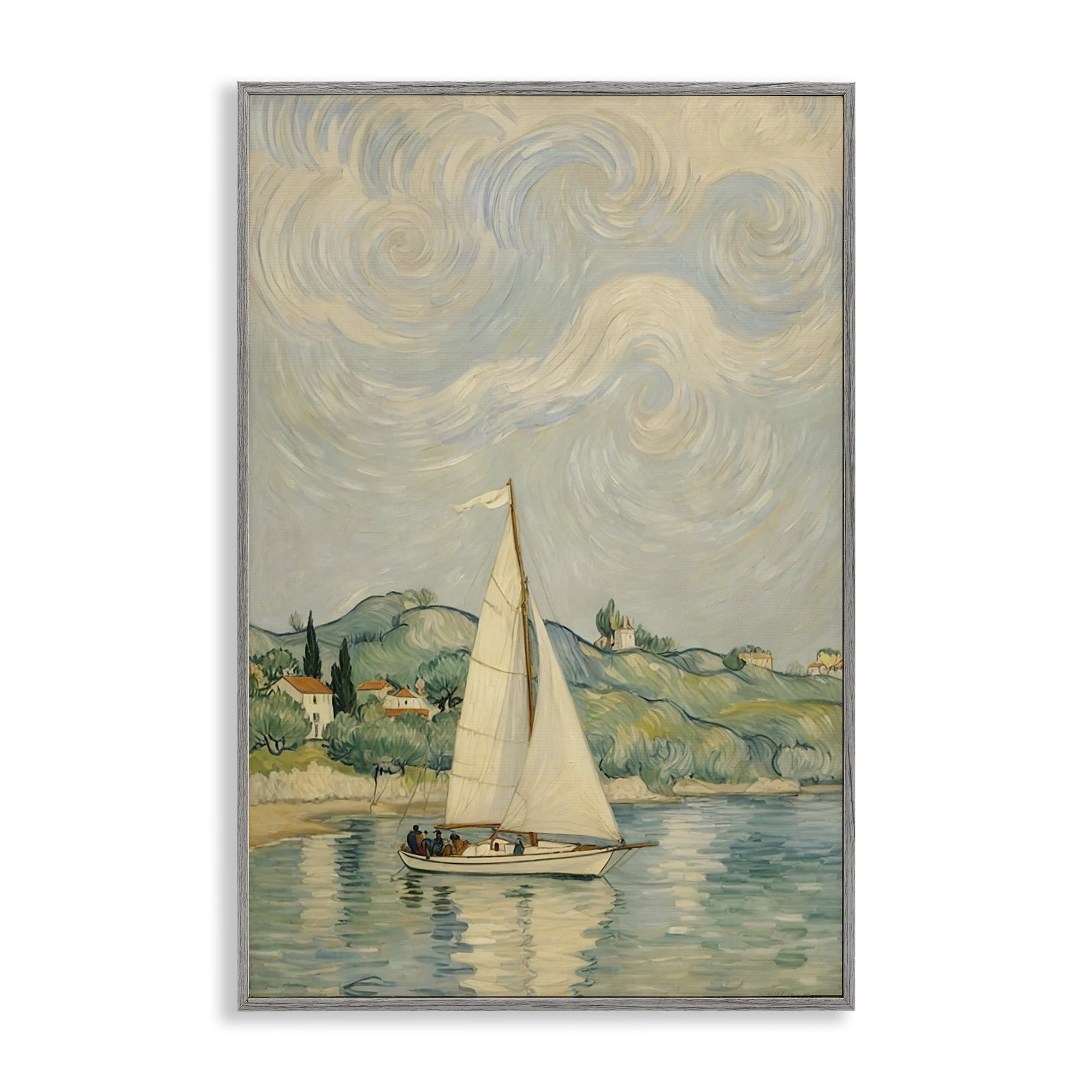 Stupell Industries Sailboat Beneath Swirling Clouds Gray Framed Giclee Art, design by Angie Hawke