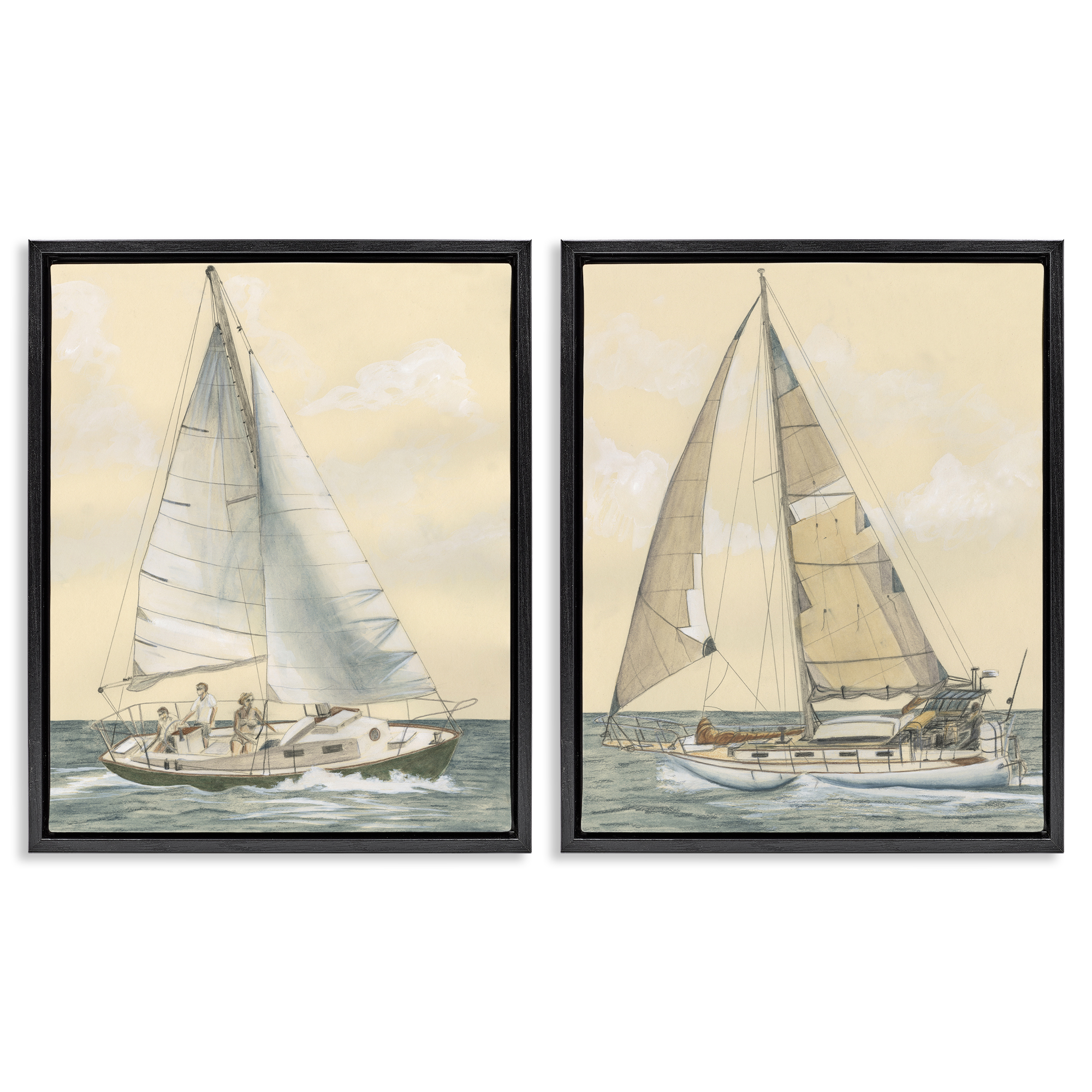 Stupell Industries Sailboat Crew At Sea People Painting Black Floater Framed Canvas Art Print Wall Art, 31 x 25, Set of 2
