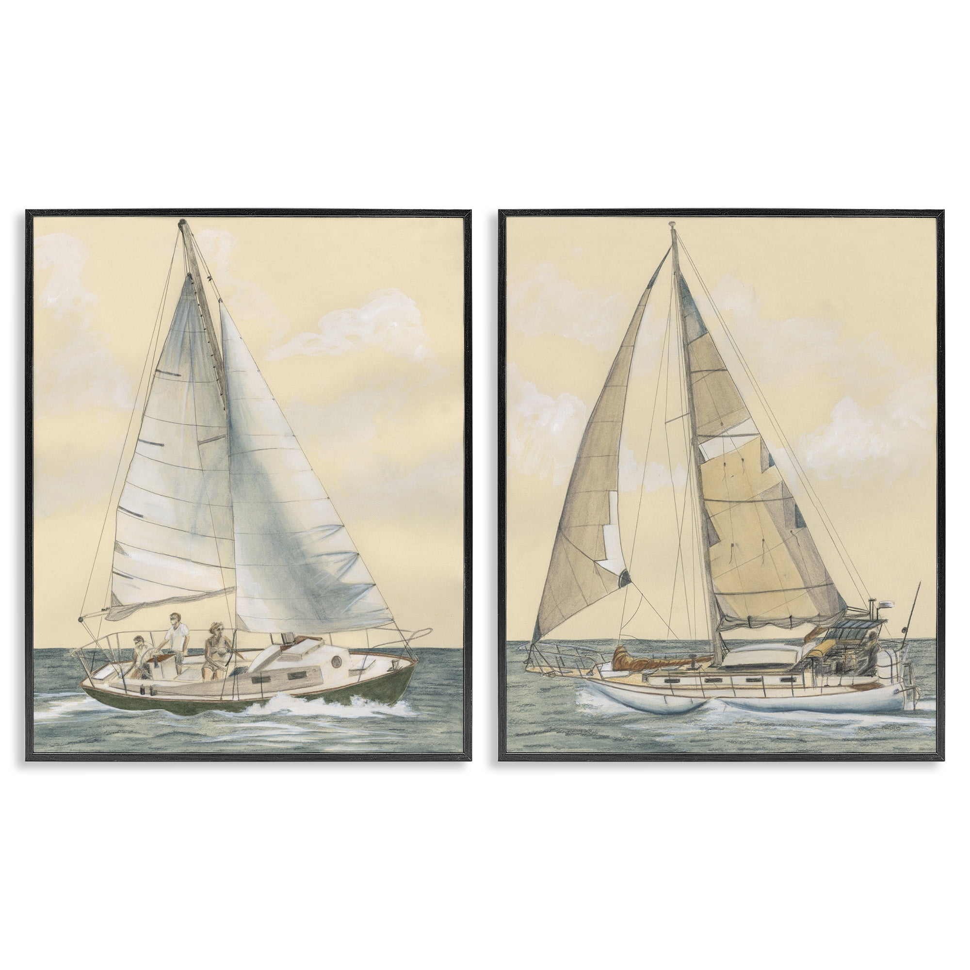 Stupell Industries Sailboat Crew At Sea People Painting Black Framed Art Print Wall Art, 24 x 30, Set of 2