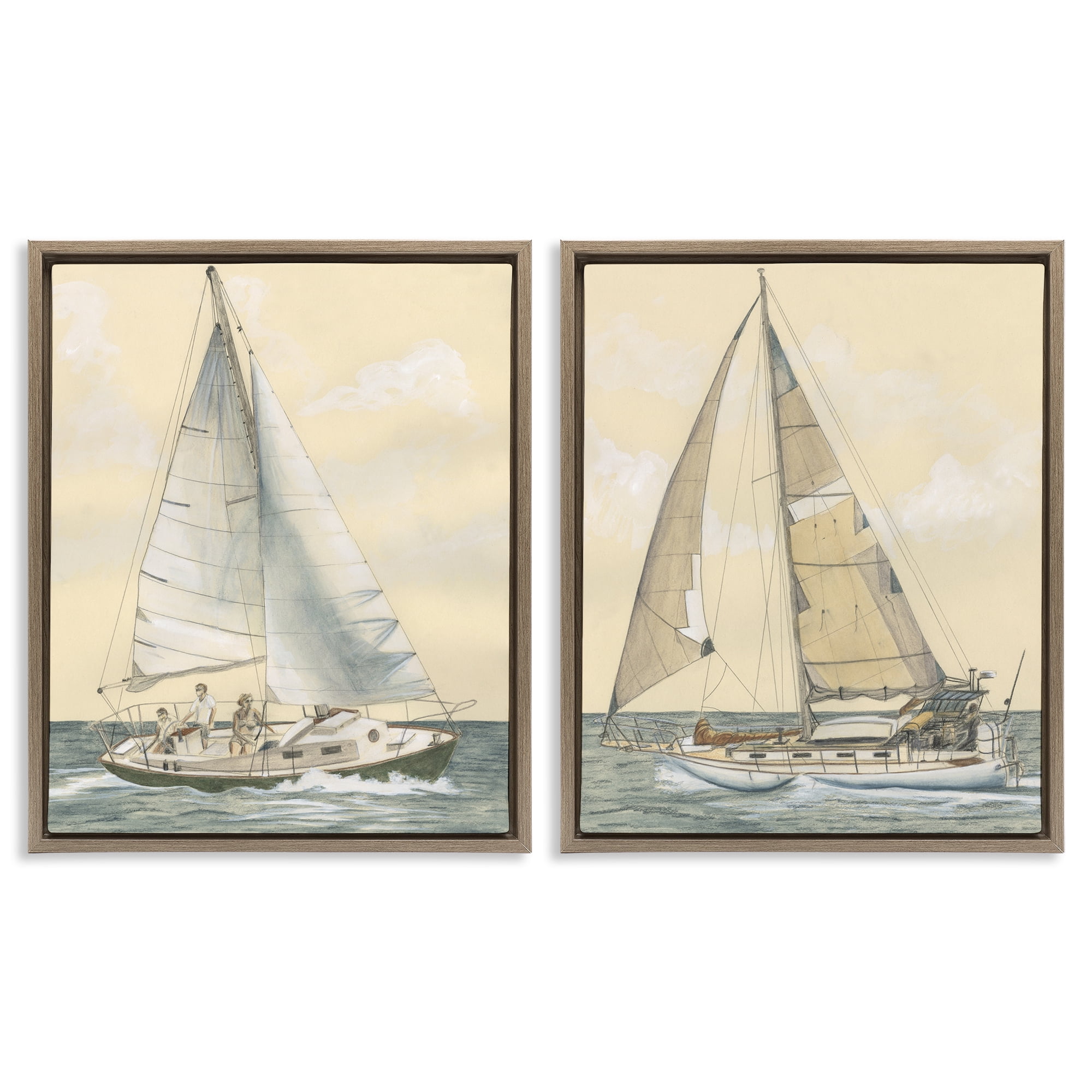 Stupell Industries Sailboat Crew At Sea People Painting Brown Floater Framed Canvas Art Print Wall Art, 31 x 25, Set of 2