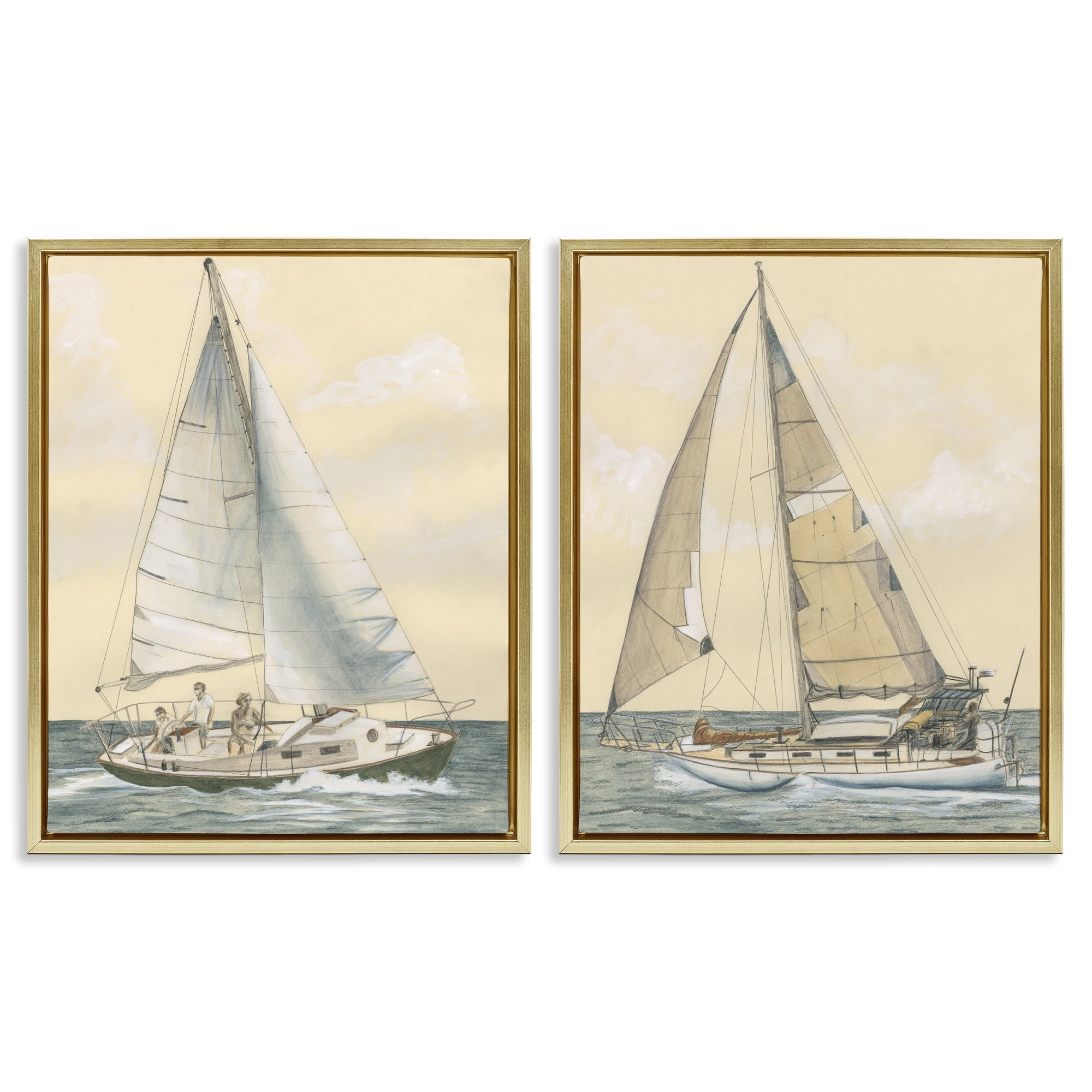 Stupell Industries Sailboat Crew At Sea People Painting Gold Floater Framed Canvas Art Print Wall Art, 31 x 25, Set of 2