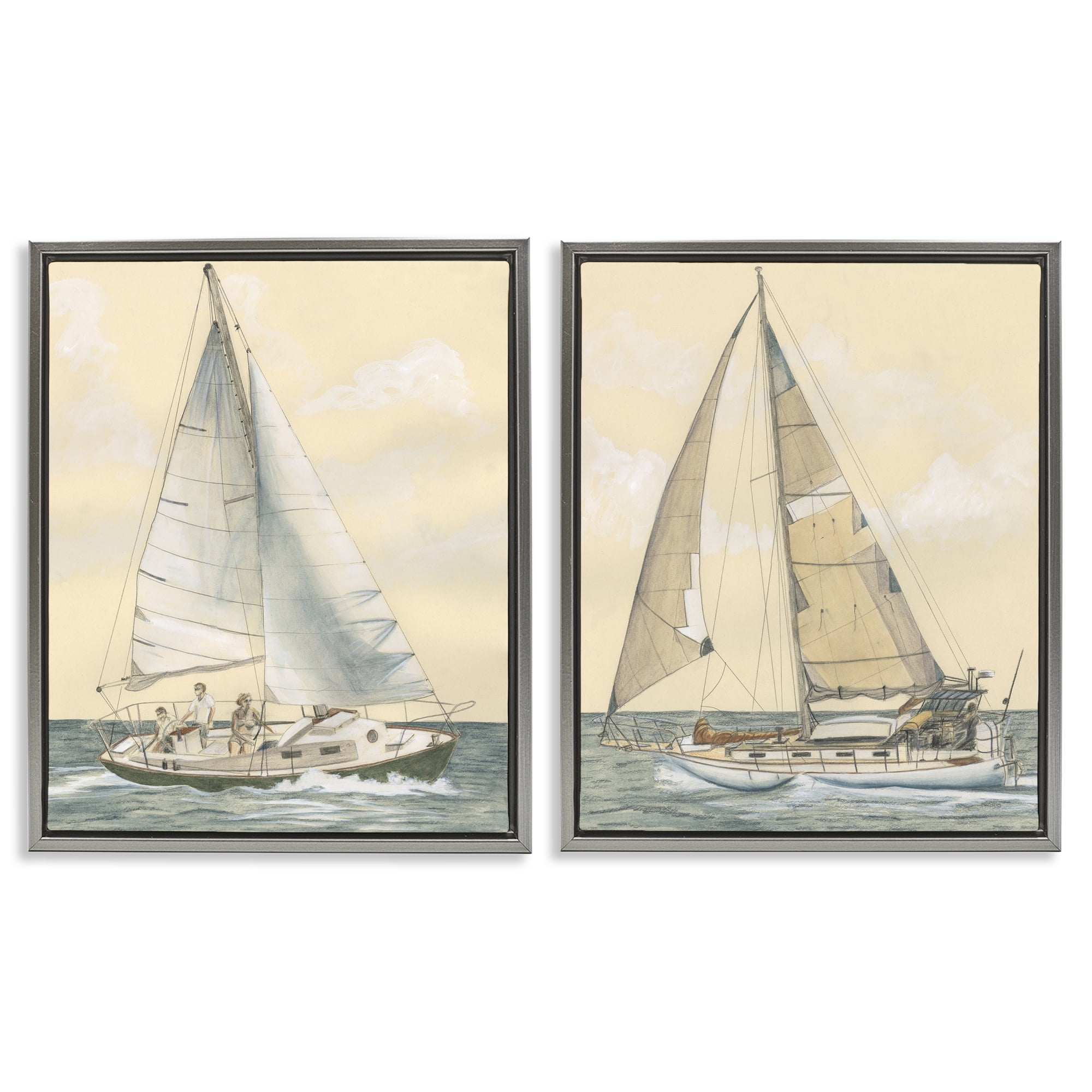 Stupell Industries Sailboat Crew At Sea People Painting Gray Floater Framed Canvas Art Print Wall Art, 17 x 21, Set of 2