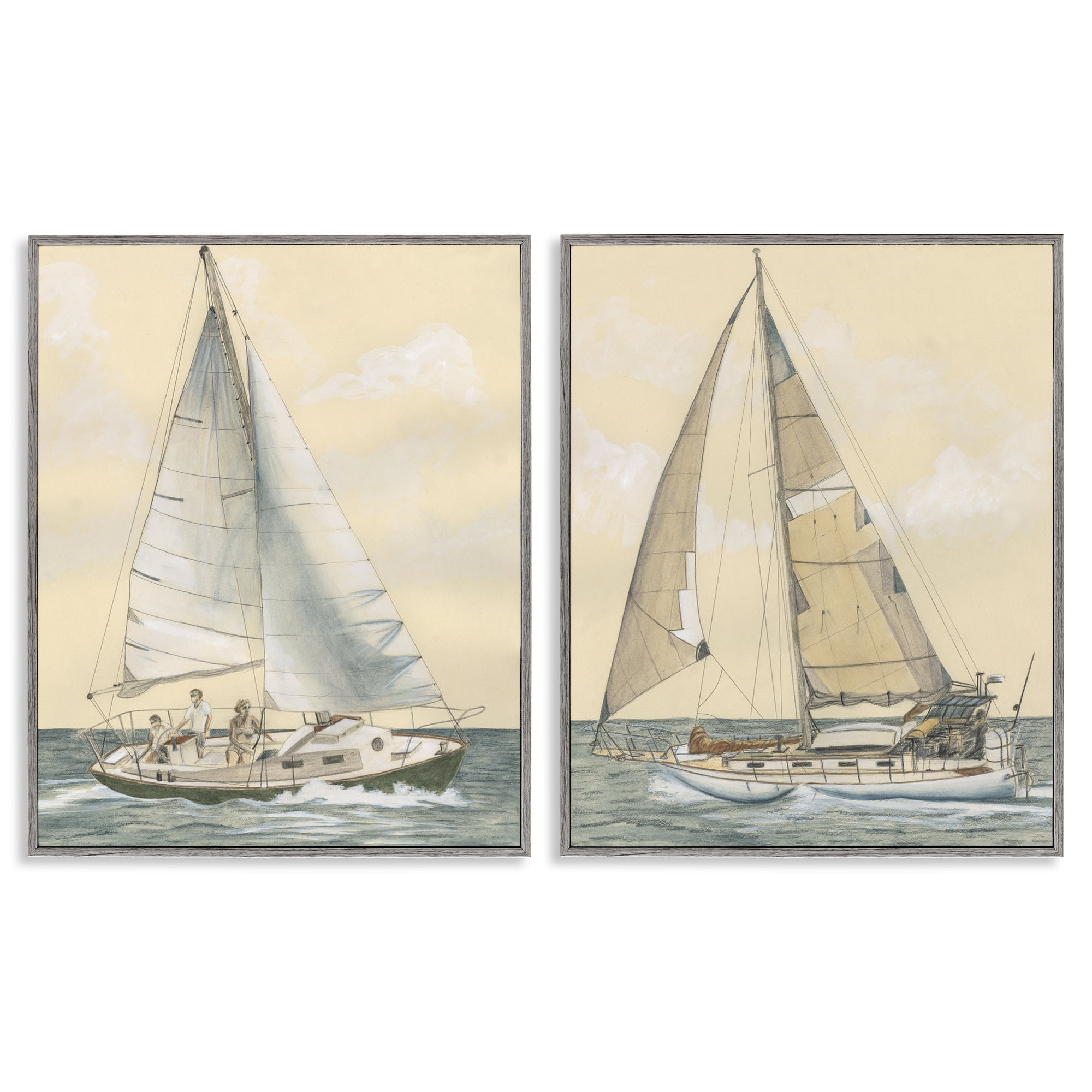 Stupell Industries Sailboat Crew At Sea People Painting Gray Framed Art Print Wall Art, 11 x 14, Set of 2