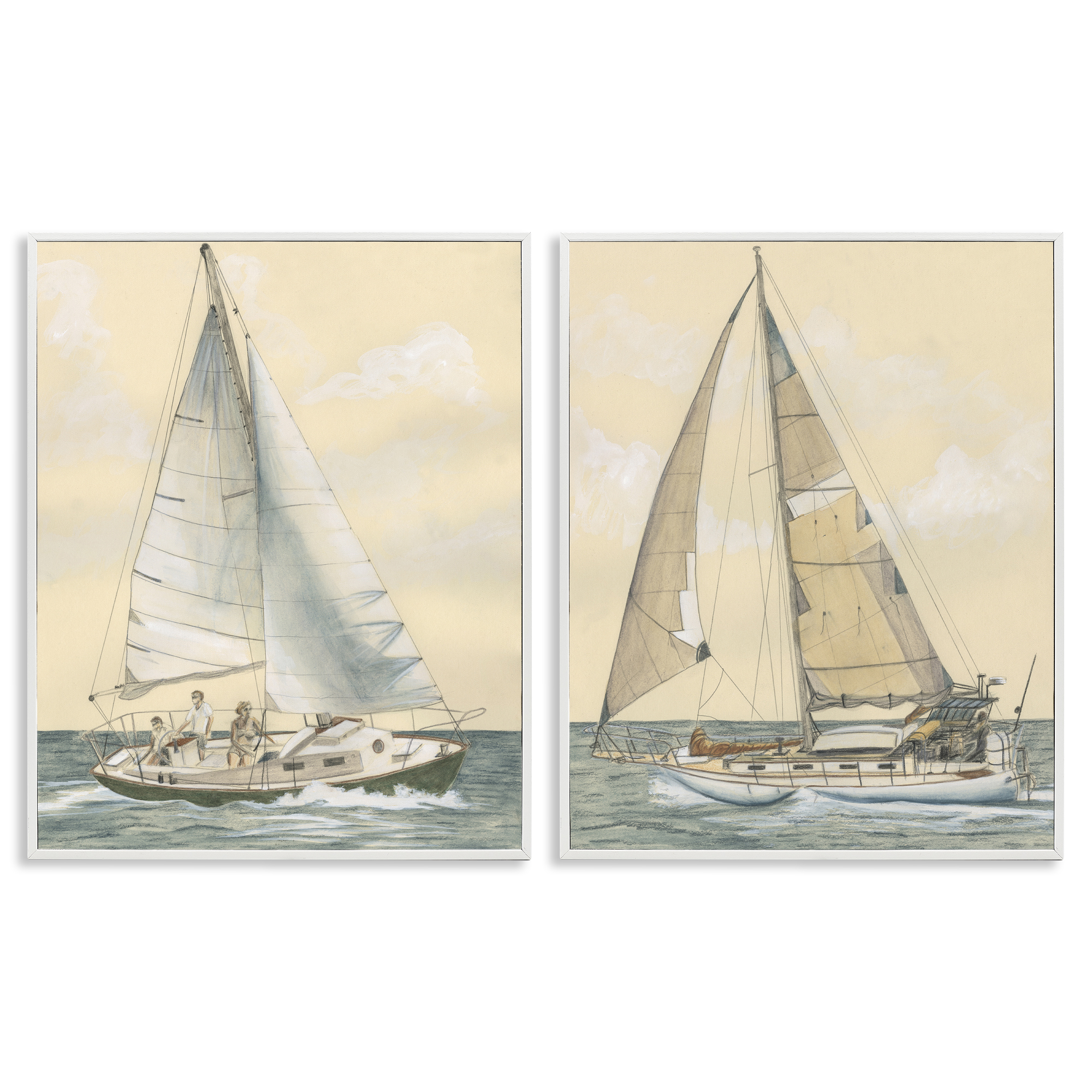 Stupell Industries Sailboat Crew At Sea People Painting White Framed Art Print Wall Art, 16 x 20, Set of 2