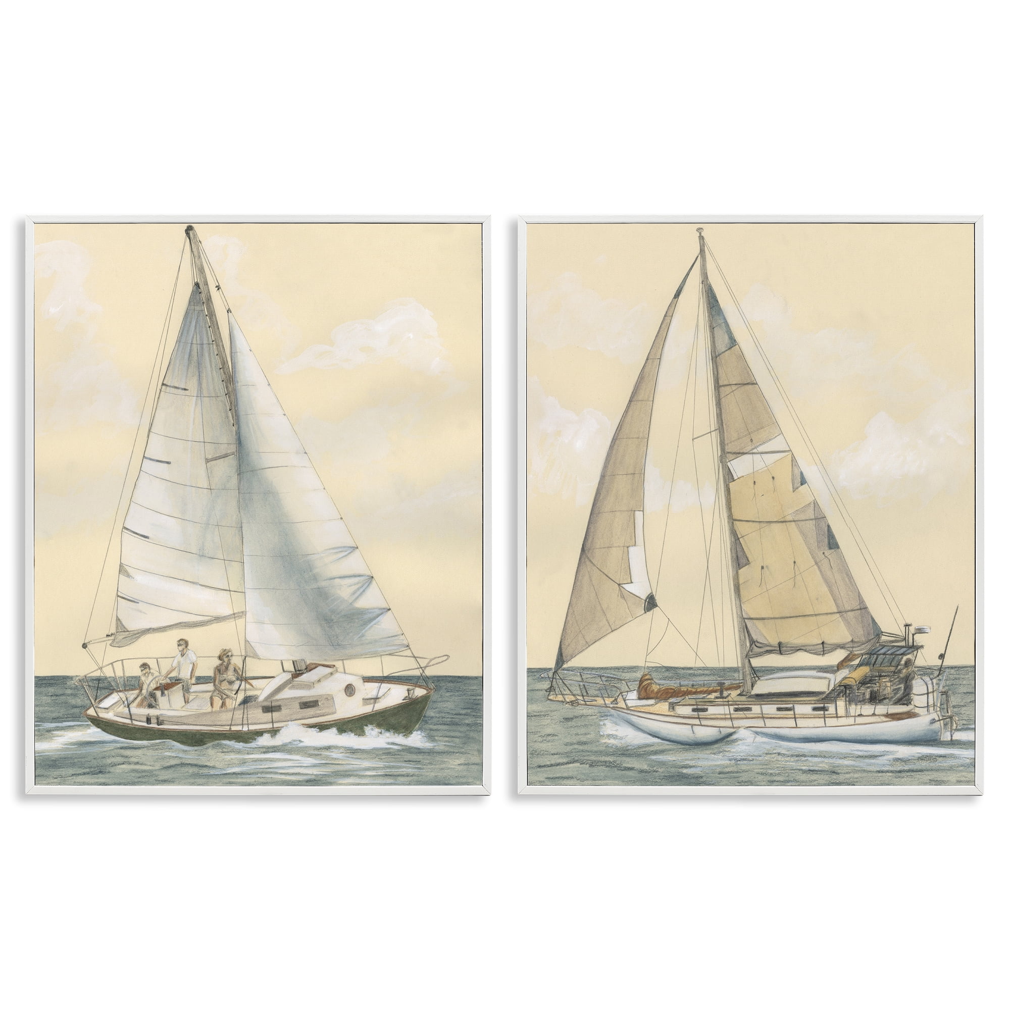 Stupell Industries Sailboat Crew At Sea People Painting White Framed Art Print Wall Art, 24 x 30, Set of 2