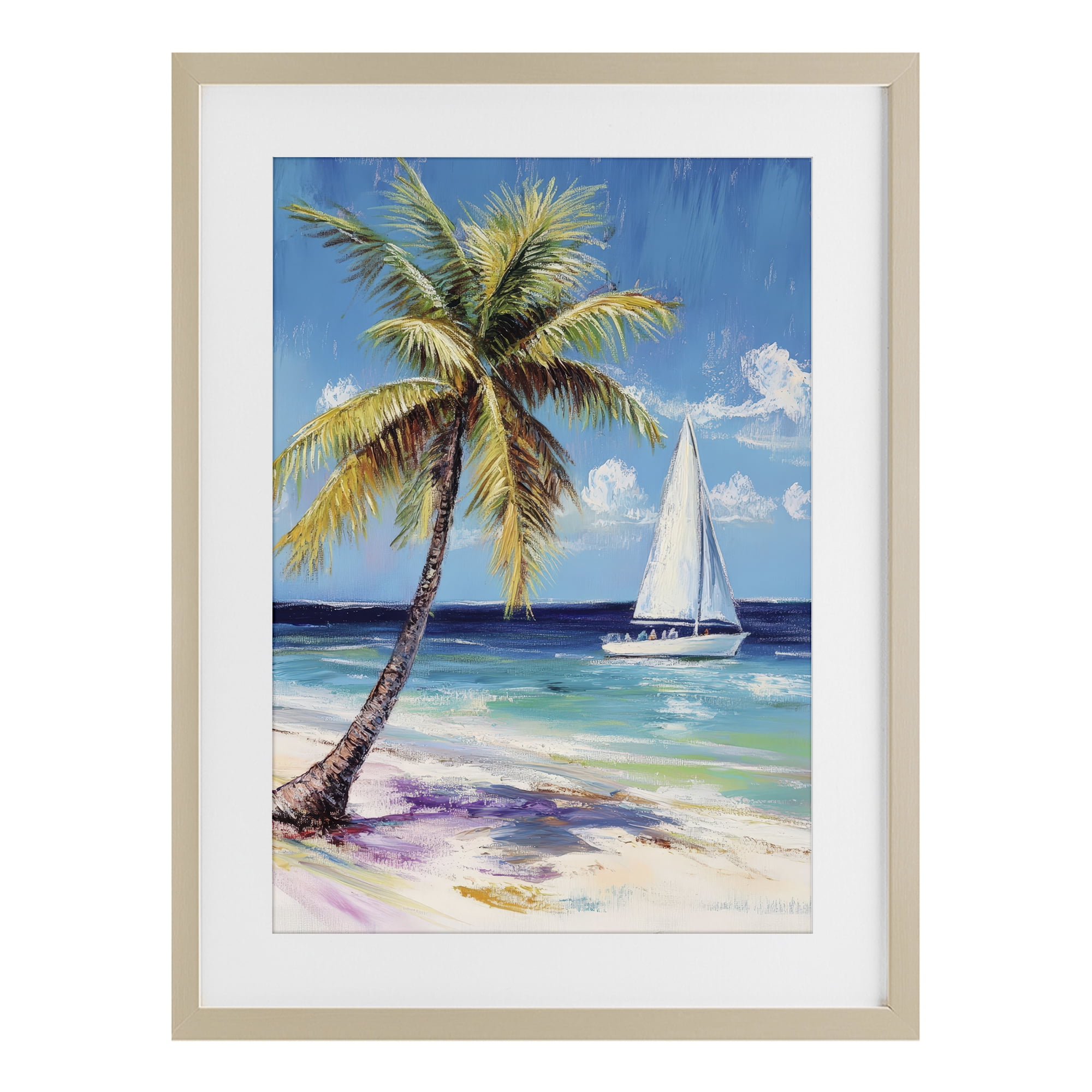 Stupell Industries Sailboat Delight with Palm Tree Birch Framed Print Under Glass, design by Petal Prints Design