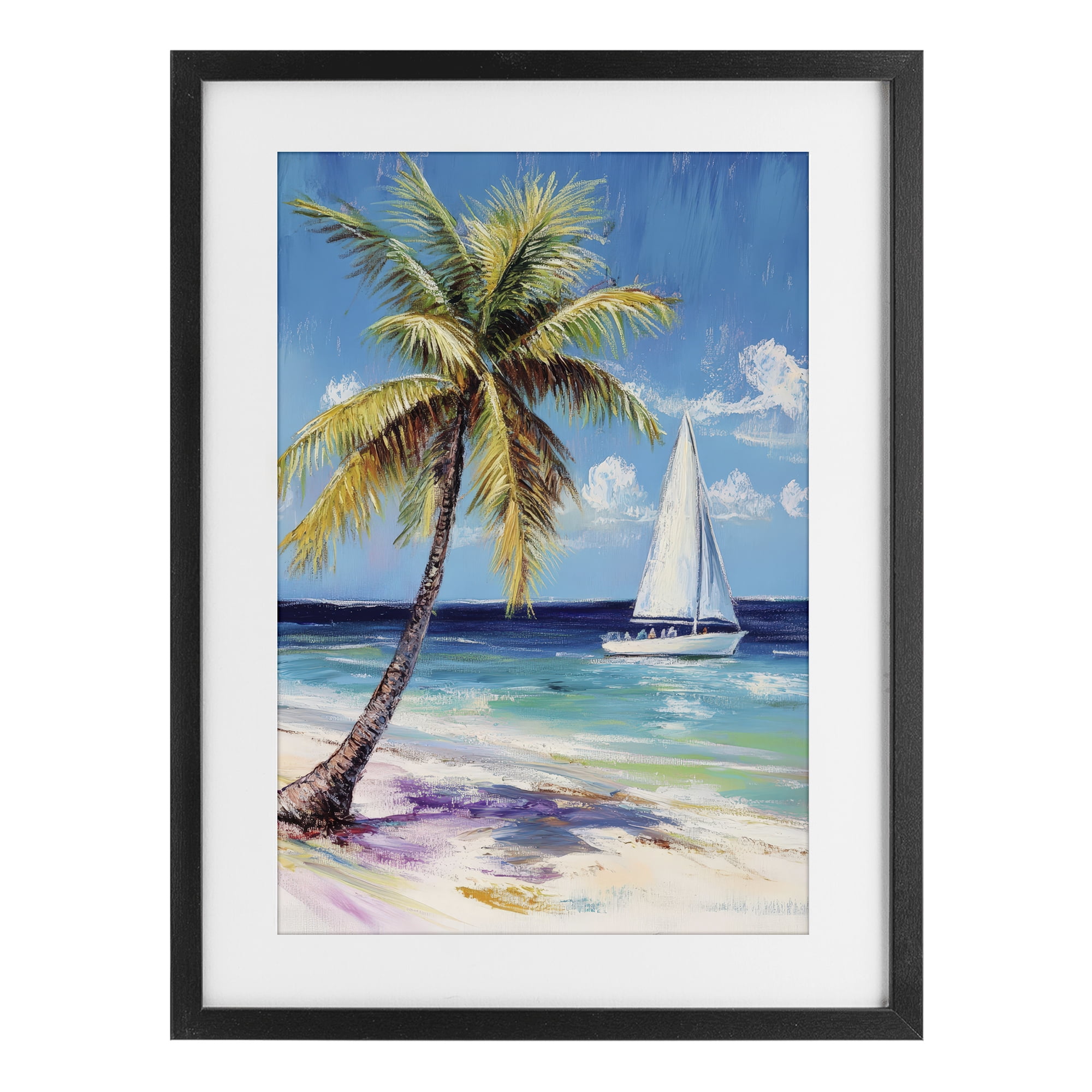 Stupell Industries Sailboat Delight with Palm Tree Black Framed Print Under Glass, design by Petal Prints Design