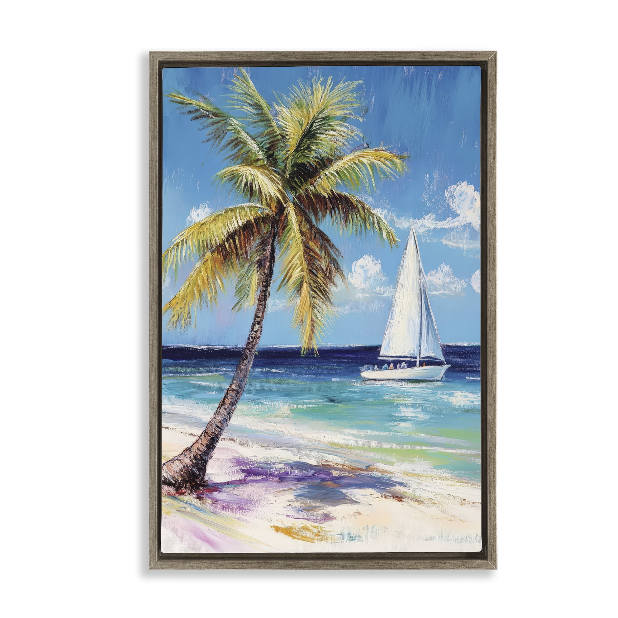 Stupell Industries Sailboat Delight with Palm Tree Brown Framed Floater Canvas Wall Art, design by Petal Prints Design