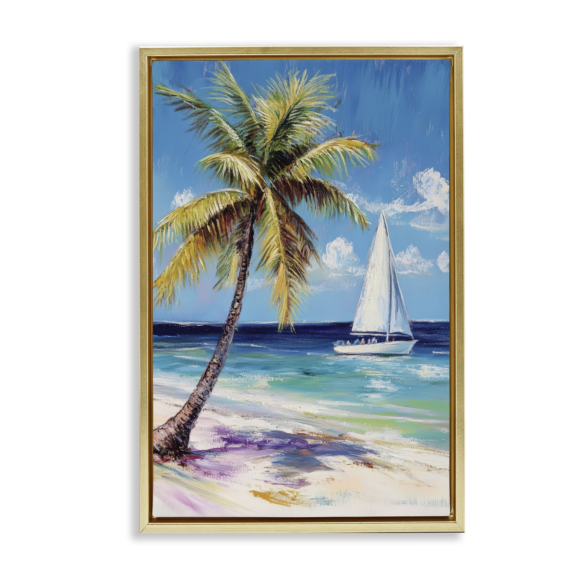Stupell Industries Sailboat Delight with Palm Tree Gold Framed Floater Canvas Wall Art, design by Petal Prints Design