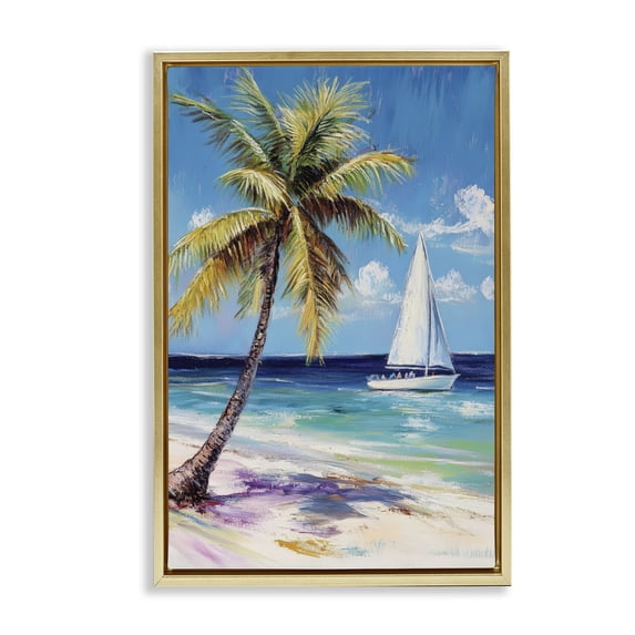 Stupell Industries Coastal Sailboat Delight with Palm Tree Gold Floating Frame Canvas Art, 17 x 25, by Petals Prints Design