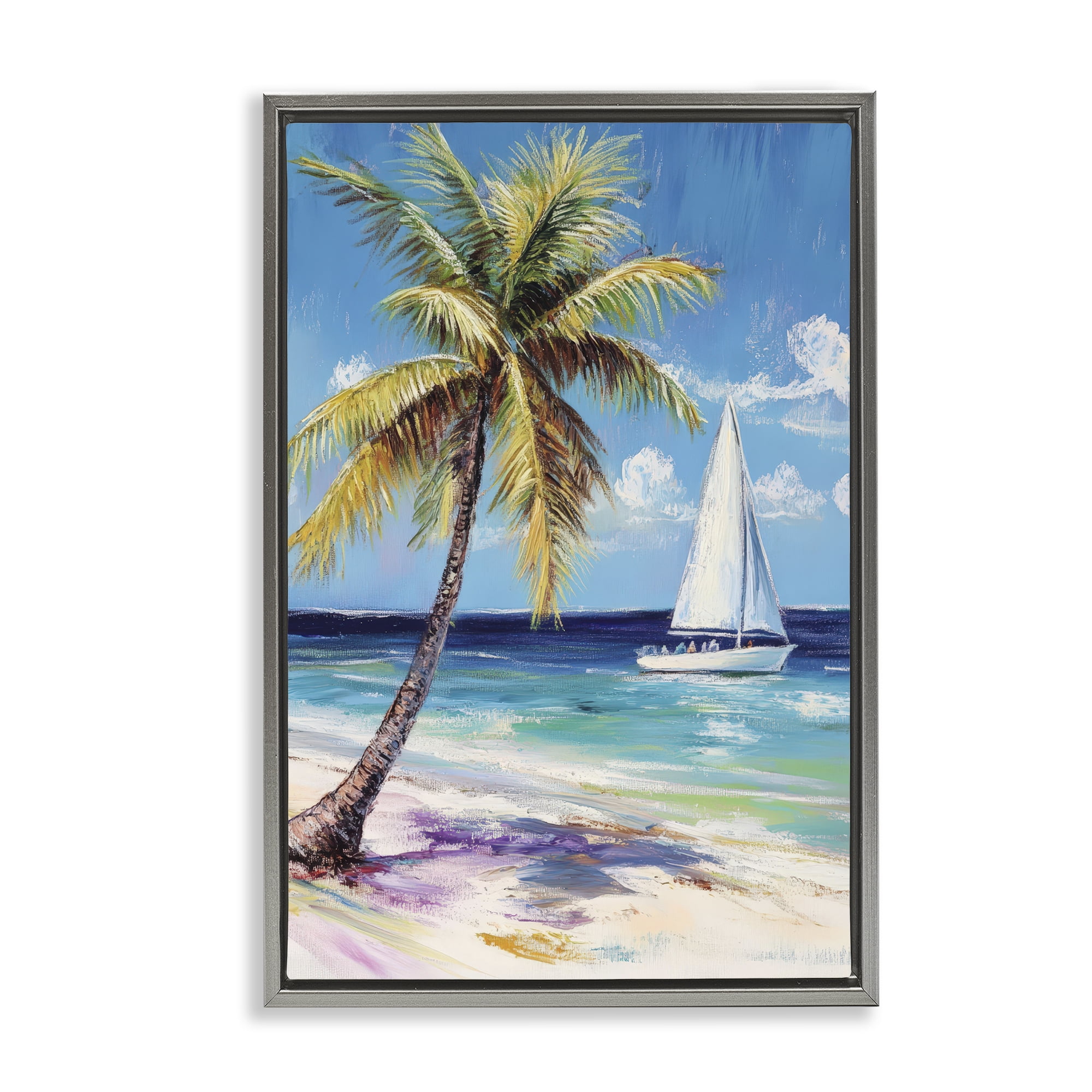 Stupell Industries Sailboat Delight with Palm Tree Gray Framed Floater Canvas Wall Art, design by Petal Prints Design