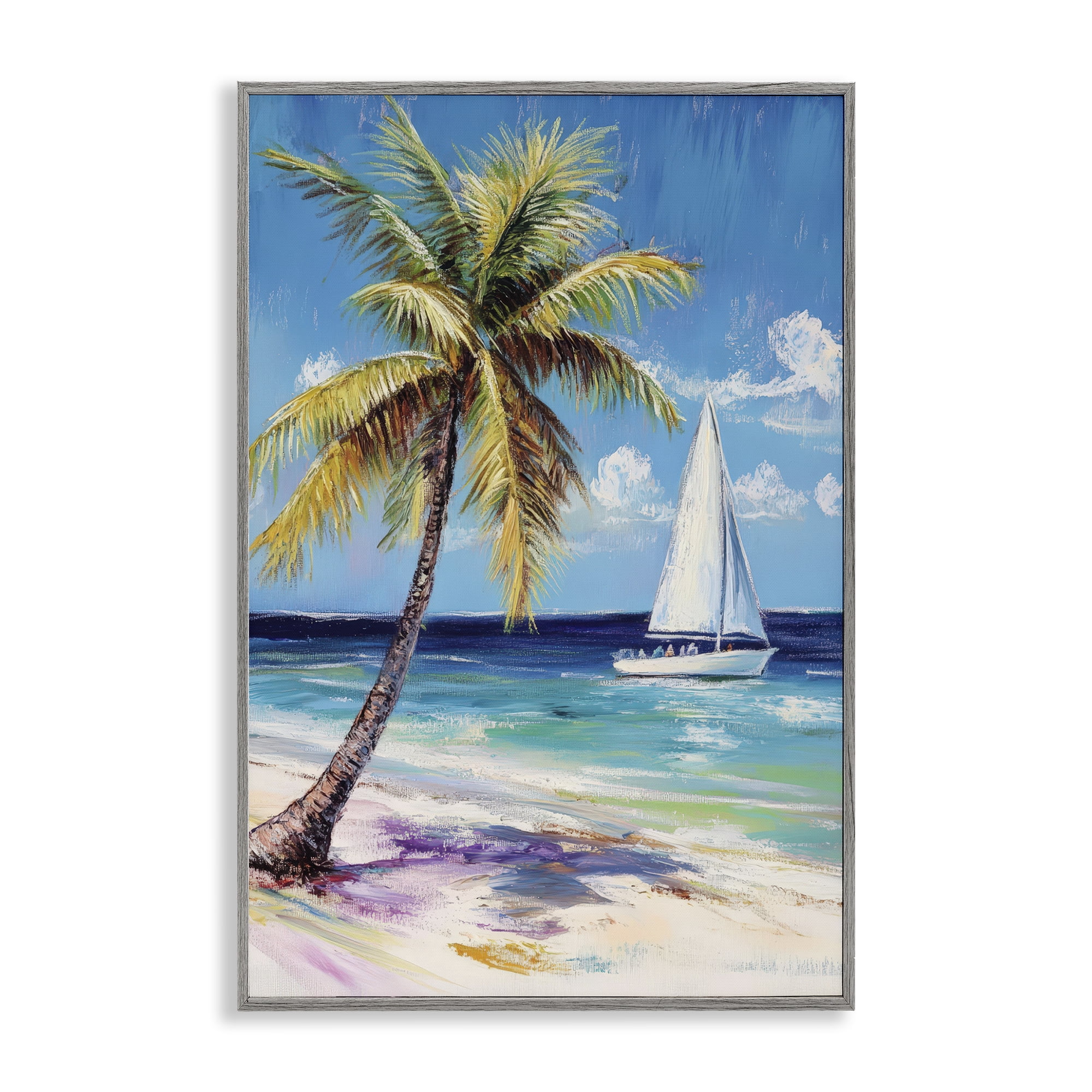 Stupell Industries Sailboat Delight with Palm Tree Gray Framed Giclee Art, design by Petal Prints Design