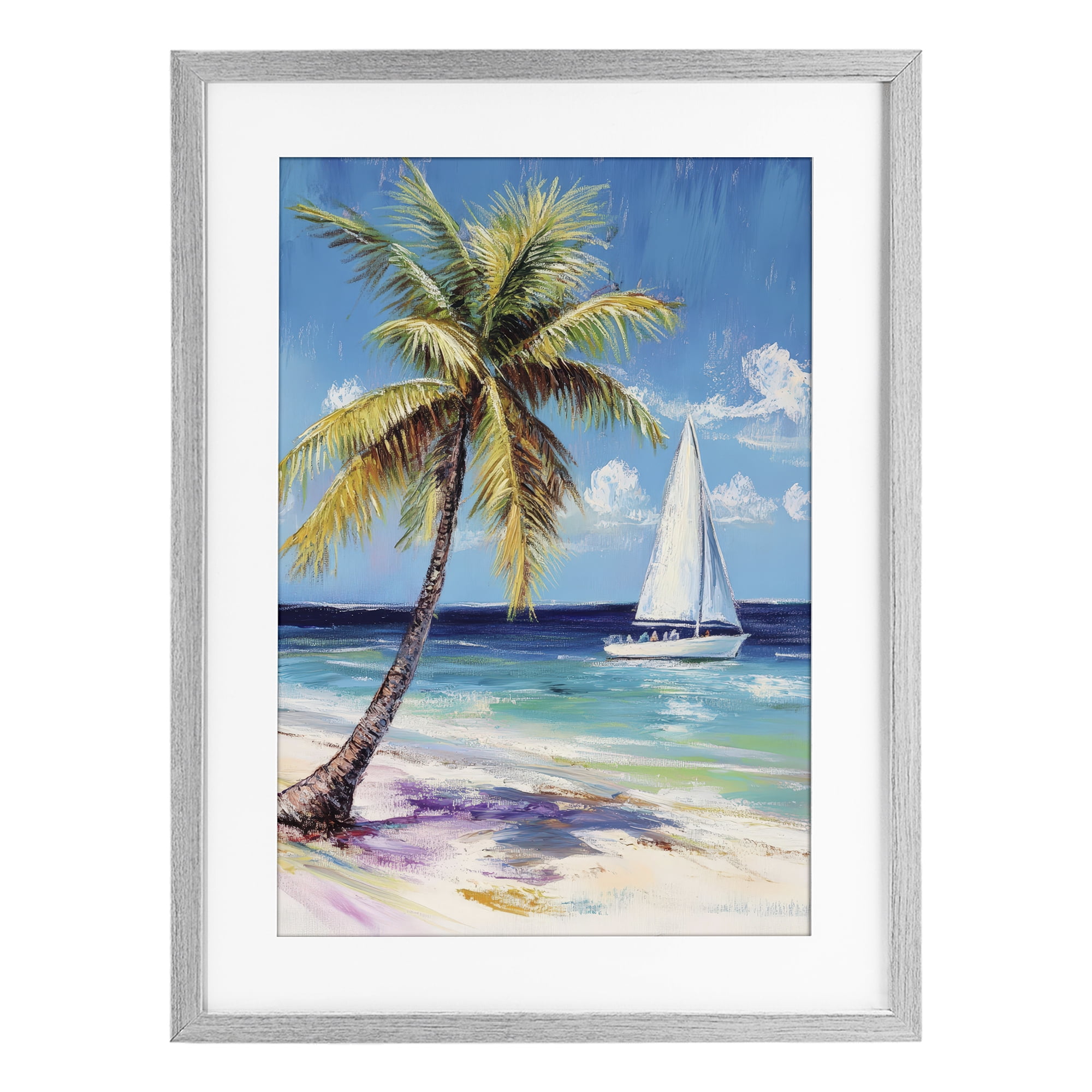 Stupell Industries Sailboat Delight with Palm Tree Gray Framed Print Under Glass, design by Petal Prints Design