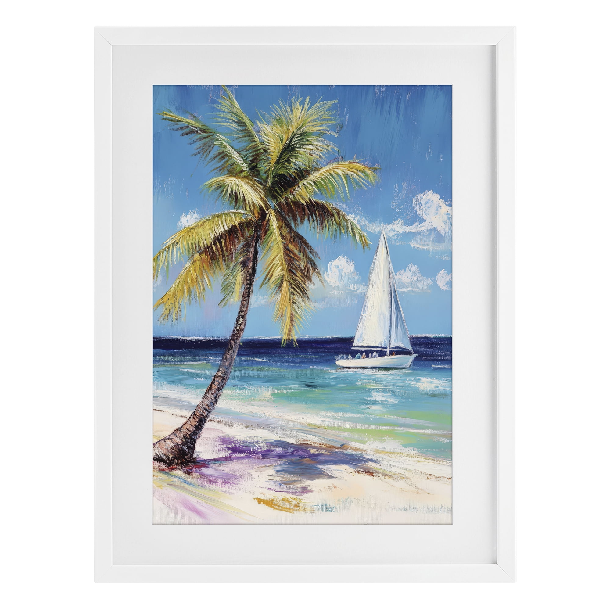 Stupell Industries Sailboat Delight with Palm Tree White Framed Print Under Glass, design by Petal Prints Design