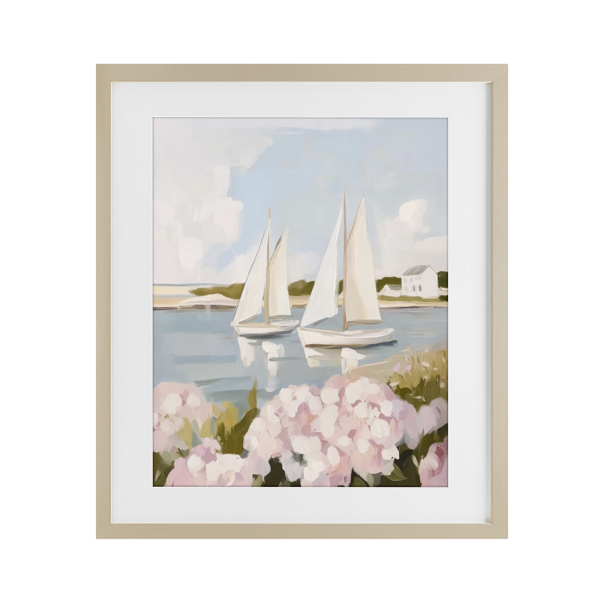Stupell Industries Sailboat Duo with Pink Hydrangeas Birch Framed Print Under Glass, design by Sisi and Seb