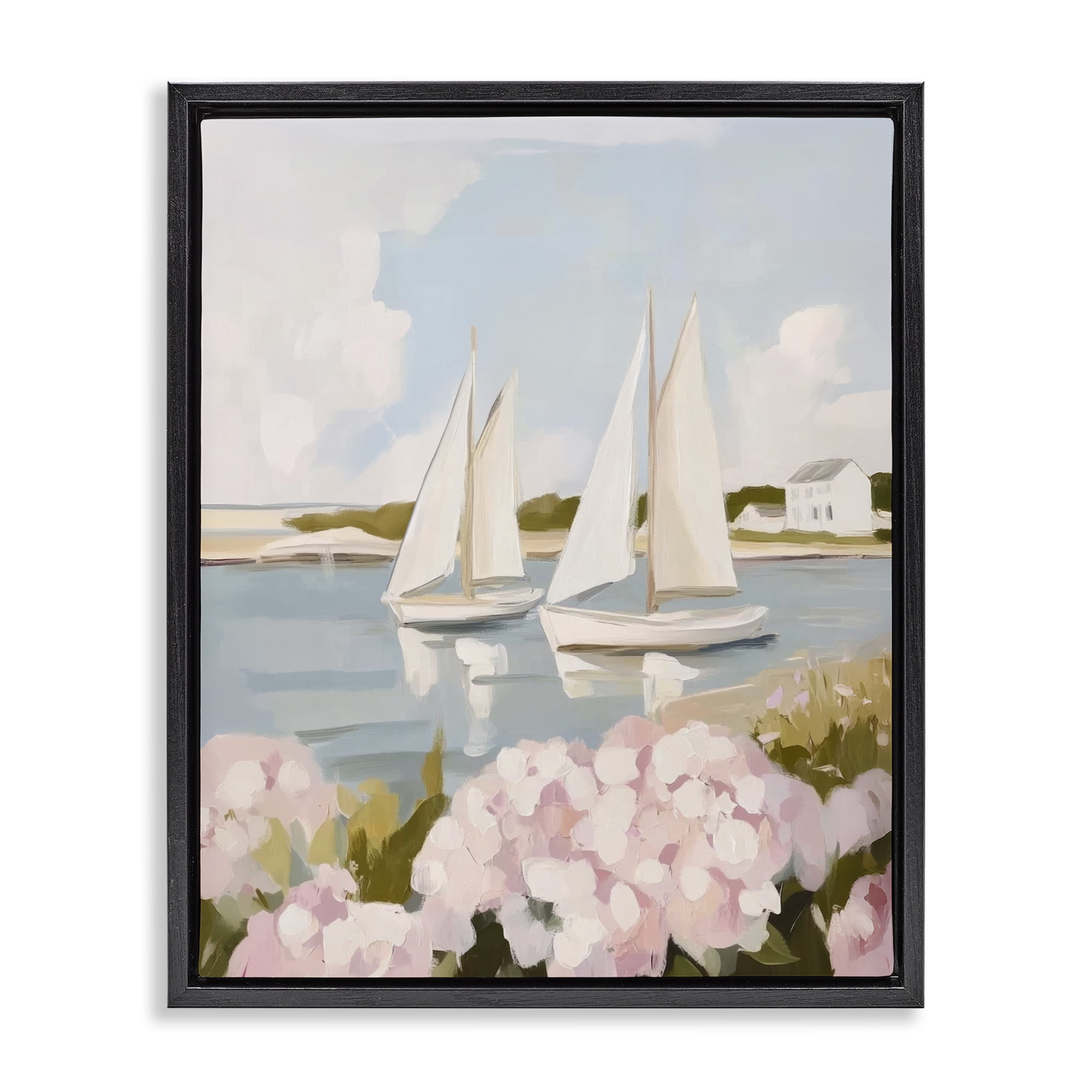 Stupell Industries Sailboat Duo with Pink Hydrangeas Black Framed Floater Canvas Wall Art, design by Sisi and Seb