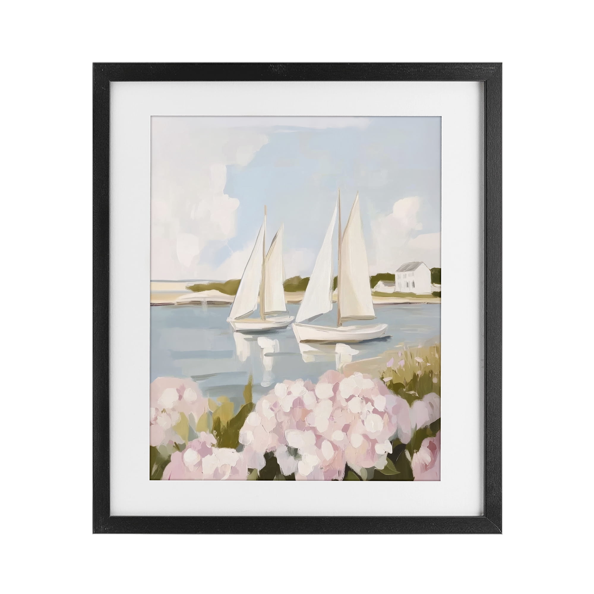 Stupell Industries Sailboat Duo with Pink Hydrangeas Black Framed Print Under Glass, design by Sisi and Seb