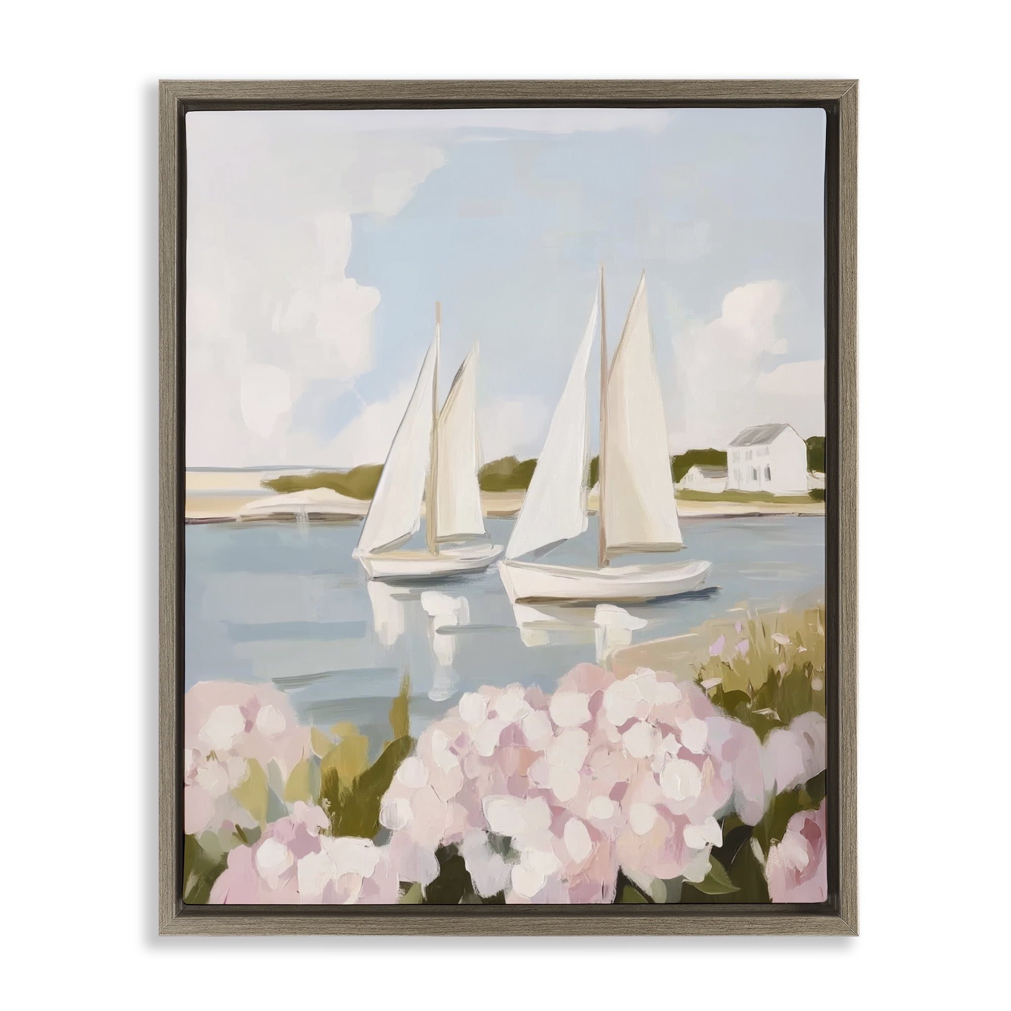 Stupell Industries Sailboat Duo with Pink Hydrangeas Brown Framed Floater Canvas Wall Art, design by Sisi and Seb